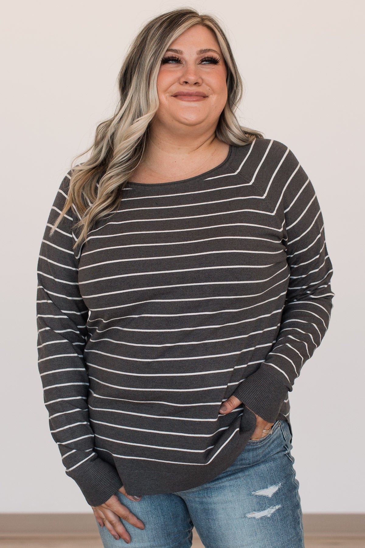 Days Like These Striped Knit Sweater- Charcoal & Ivory - Image 7