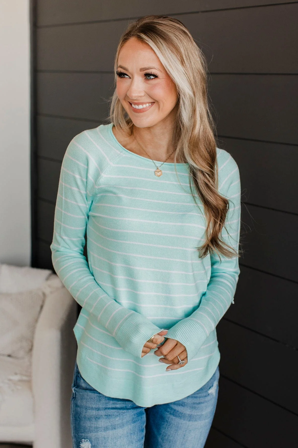 Days Like These Striped Knit Sweater- Mint Blue & Ivory - Image 2