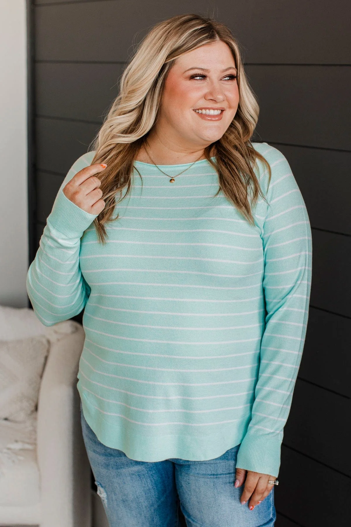 Days Like These Striped Knit Sweater- Mint Blue & Ivory - Image 3
