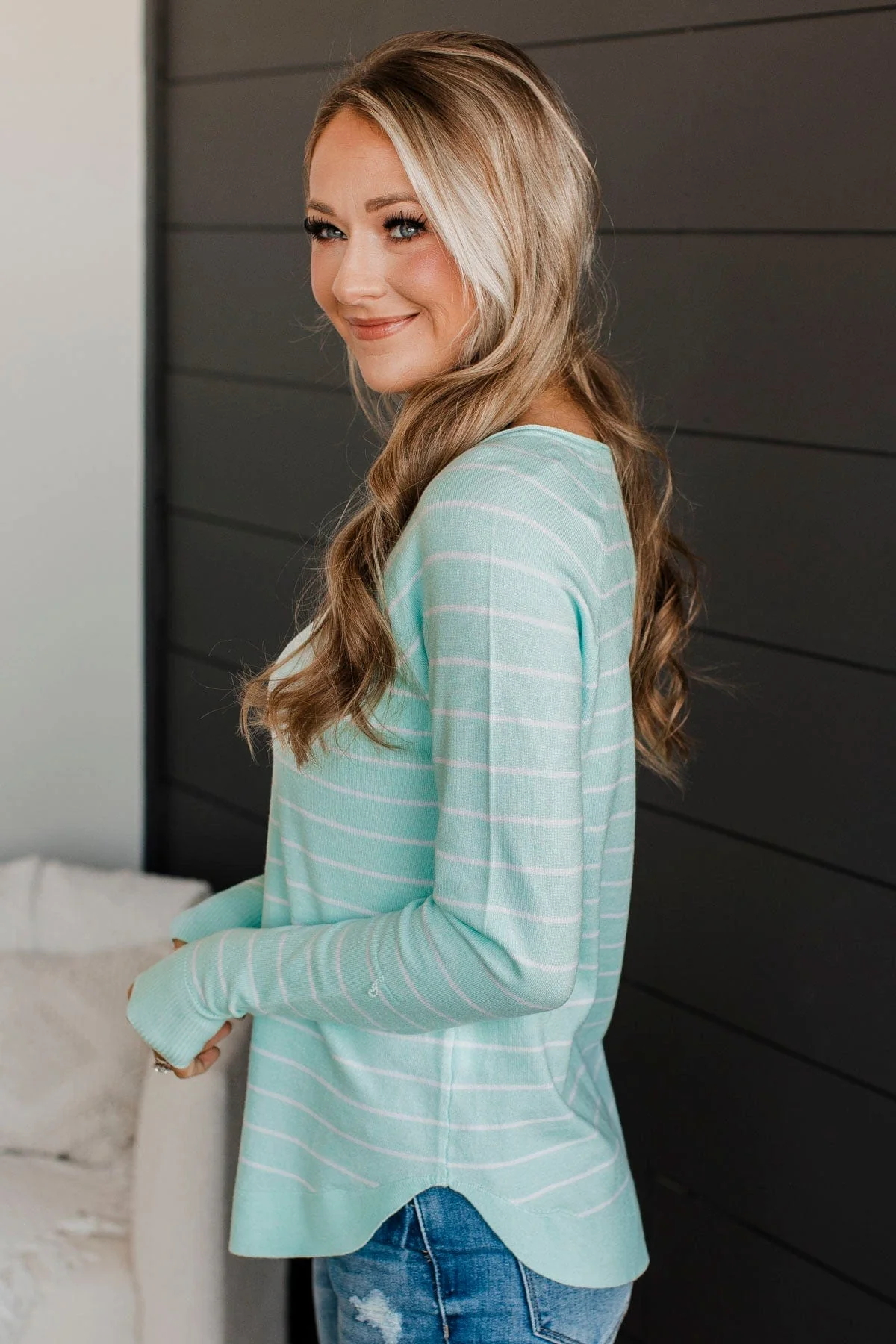 Days Like These Striped Knit Sweater- Mint Blue & Ivory - Image 6