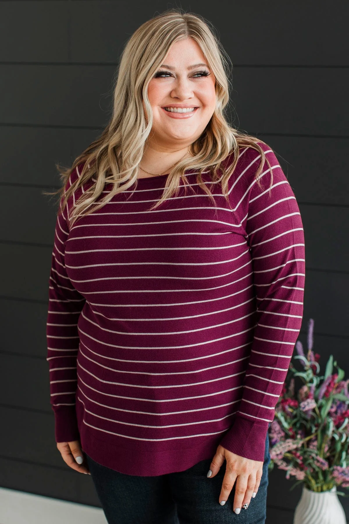 Days Like These Striped Knit Sweater- Plum & Ivory - Image 3