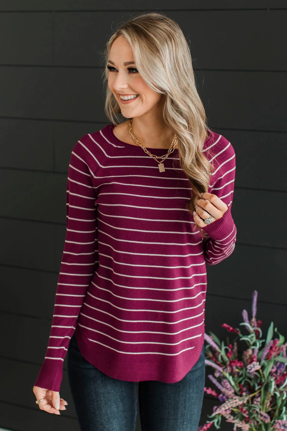 Days Like These Striped Knit Sweater- Plum & Ivory - Image 4