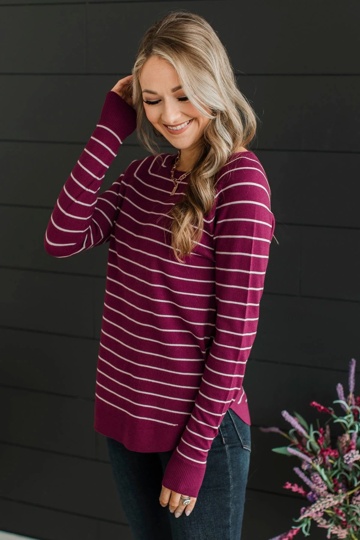 Days Like These Striped Knit Sweater- Plum & Ivory - Image 6
