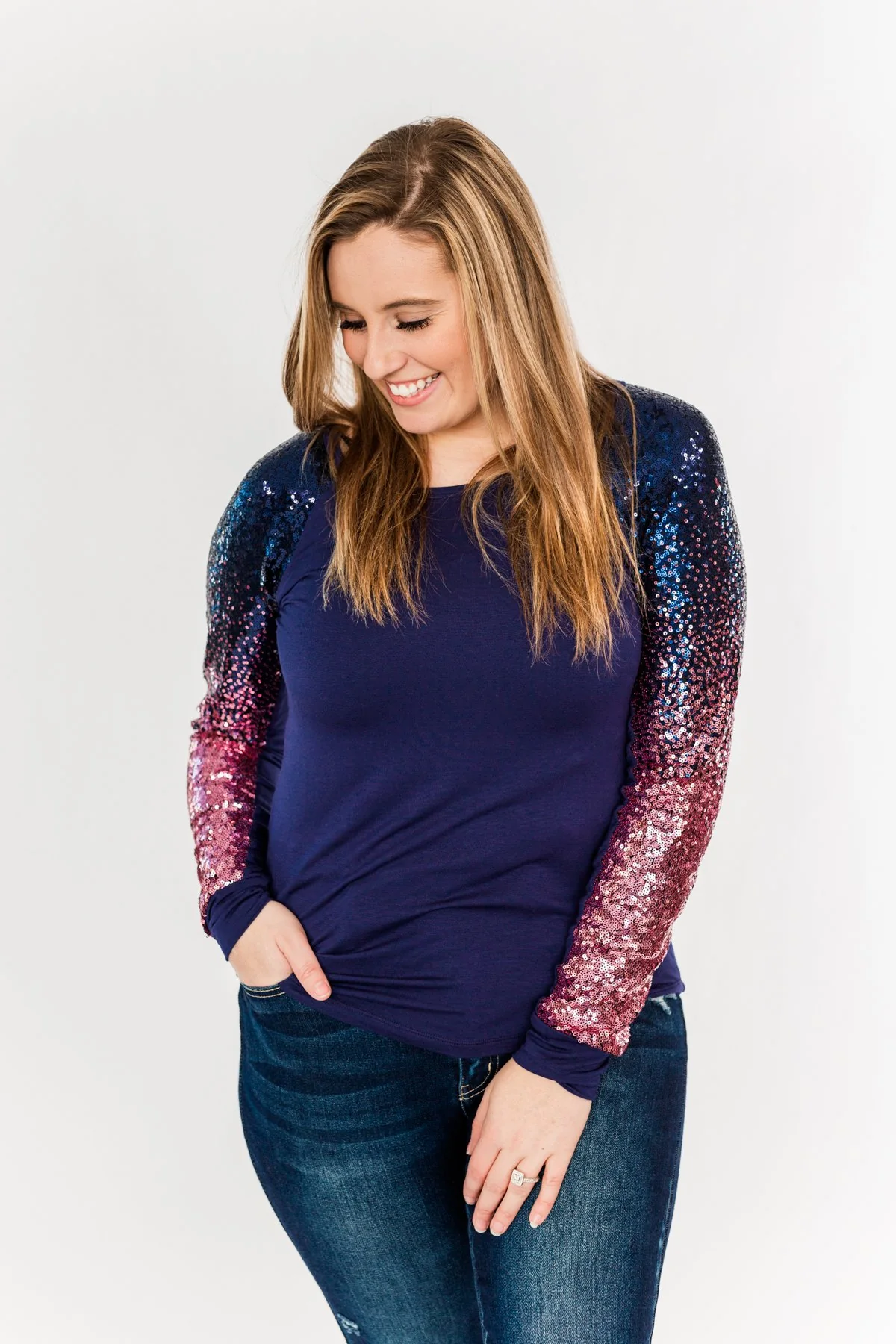 Dazzling Days Long Sleeve Sequin Top- Navy & Pink - Image 2