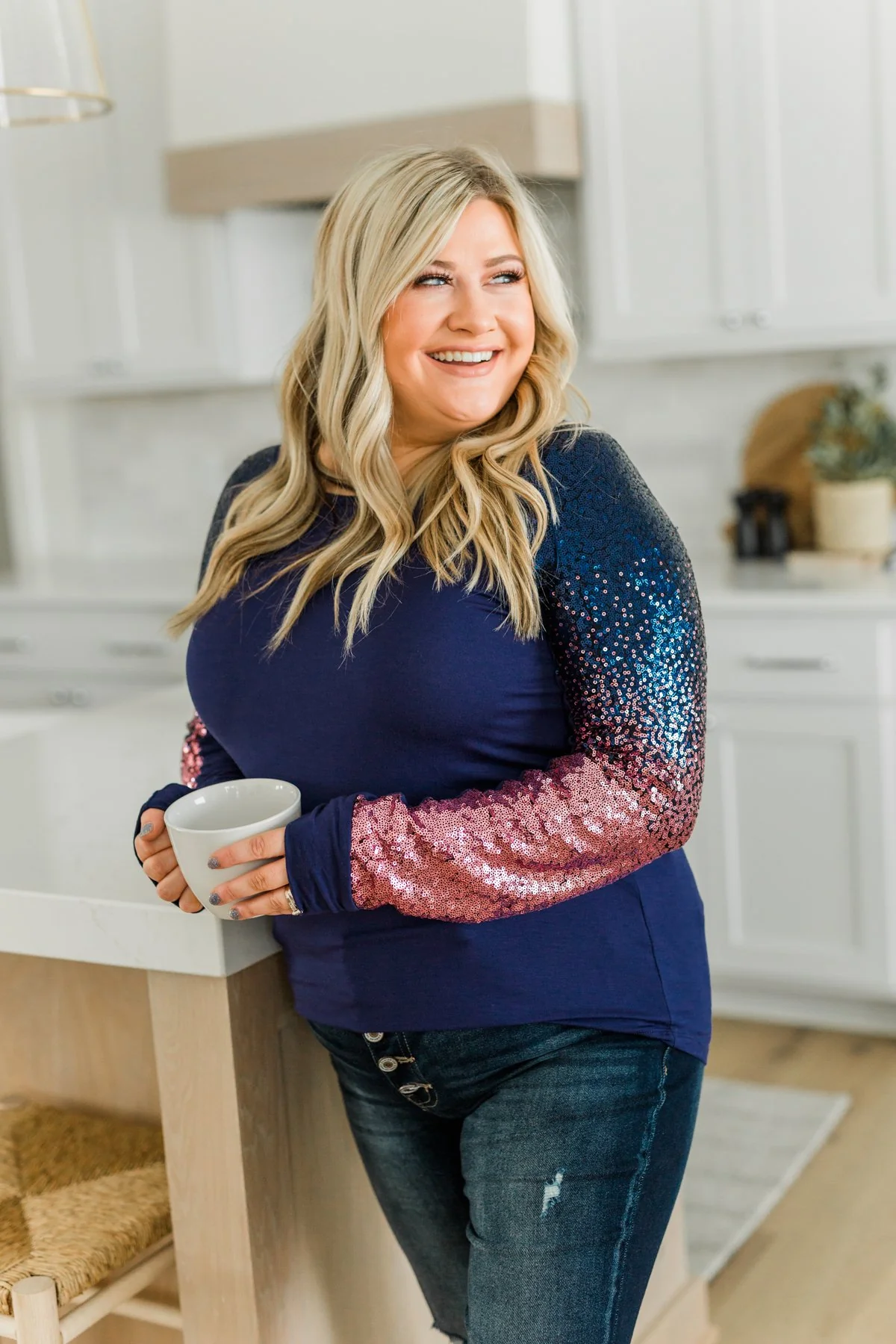 Dazzling Days Long Sleeve Sequin Top- Navy & Pink - Image 4