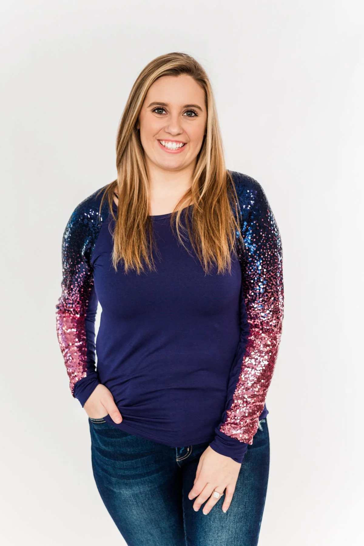 Dazzling Days Long Sleeve Sequin Top- Navy & Pink - Image 5