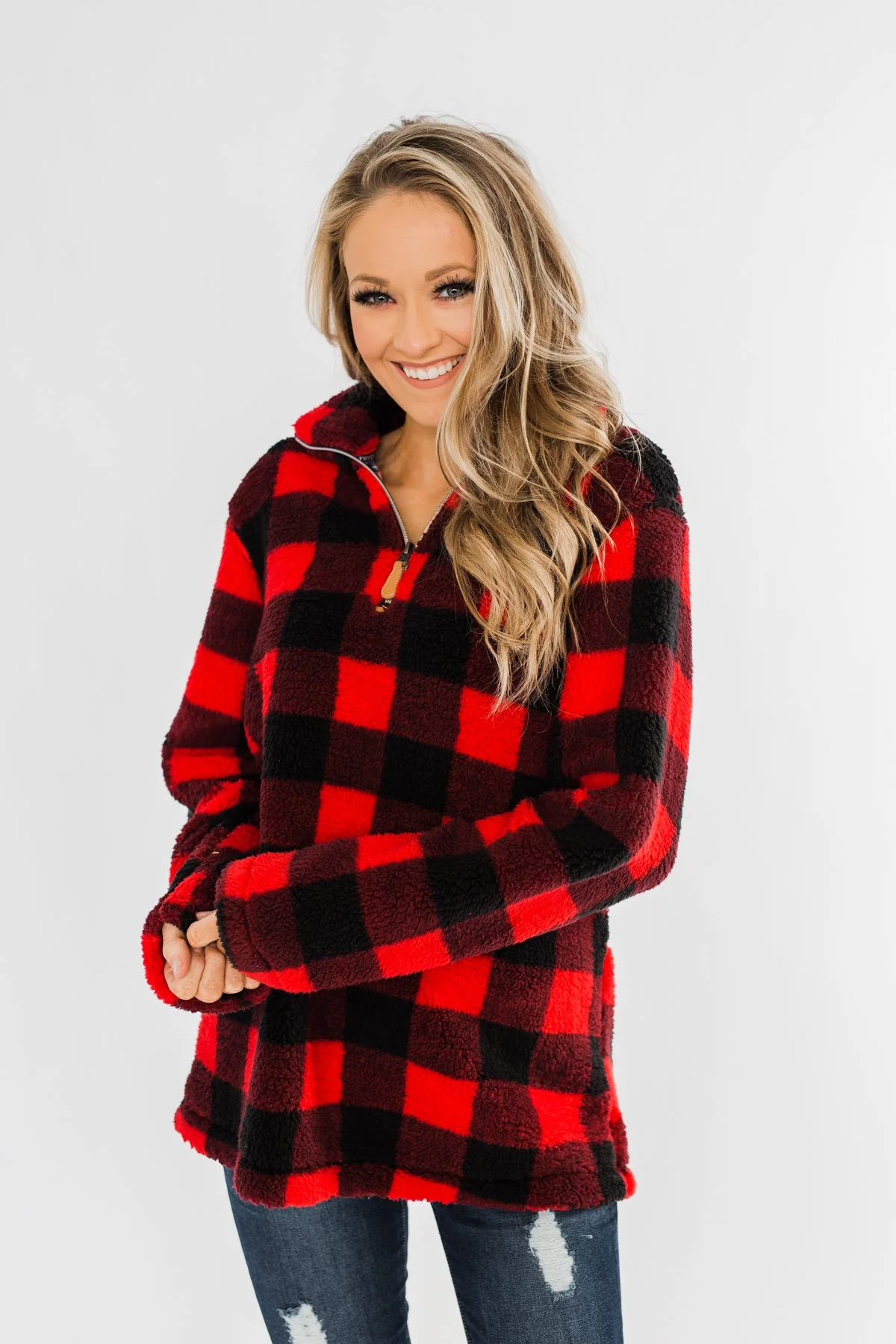 1/4 Zip Sherpa Pullover- Buffalo Plaid - Image 3