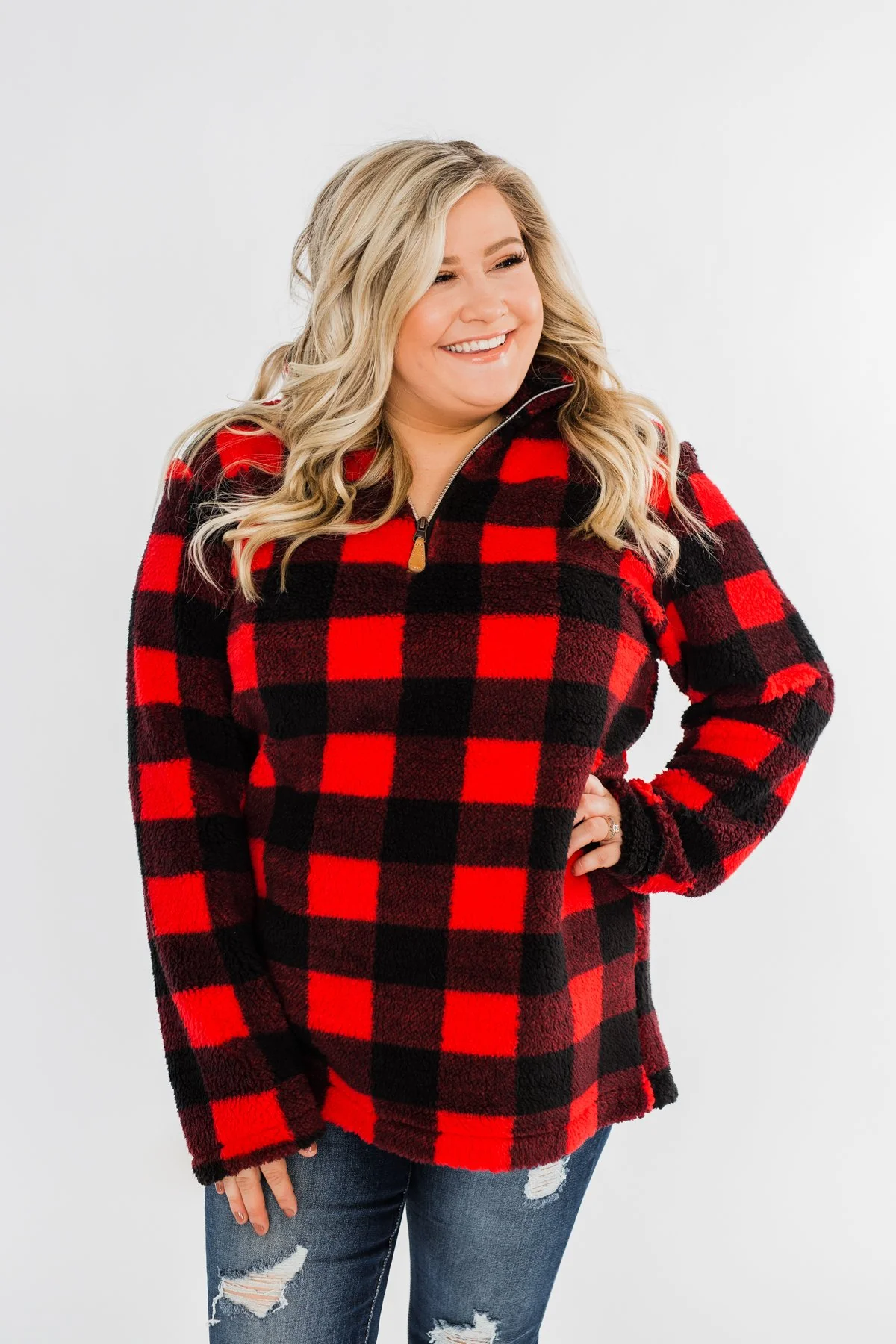 1/4 Zip Sherpa Pullover- Buffalo Plaid - Image 5