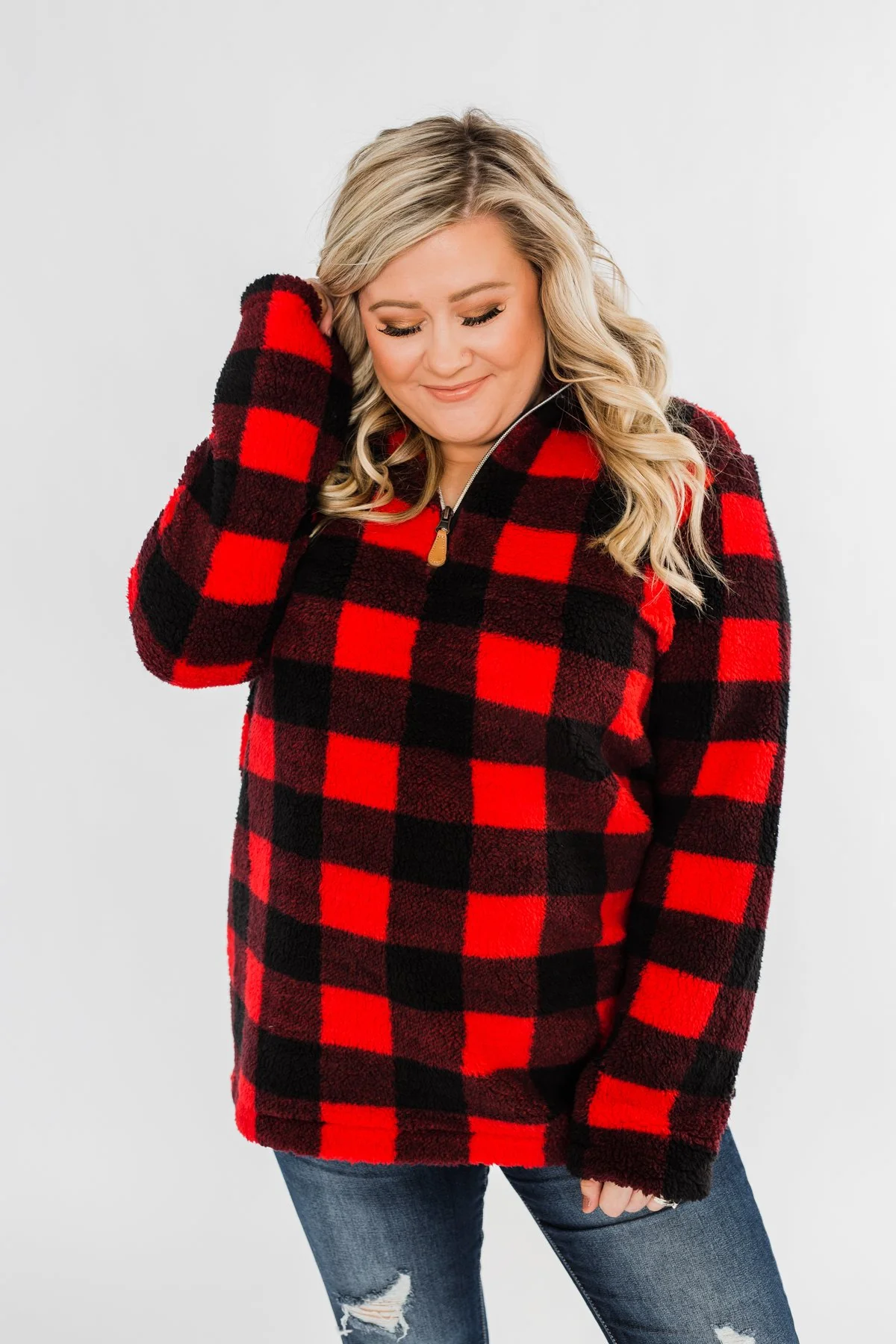 1/4 Zip Sherpa Pullover- Buffalo Plaid - Image 7