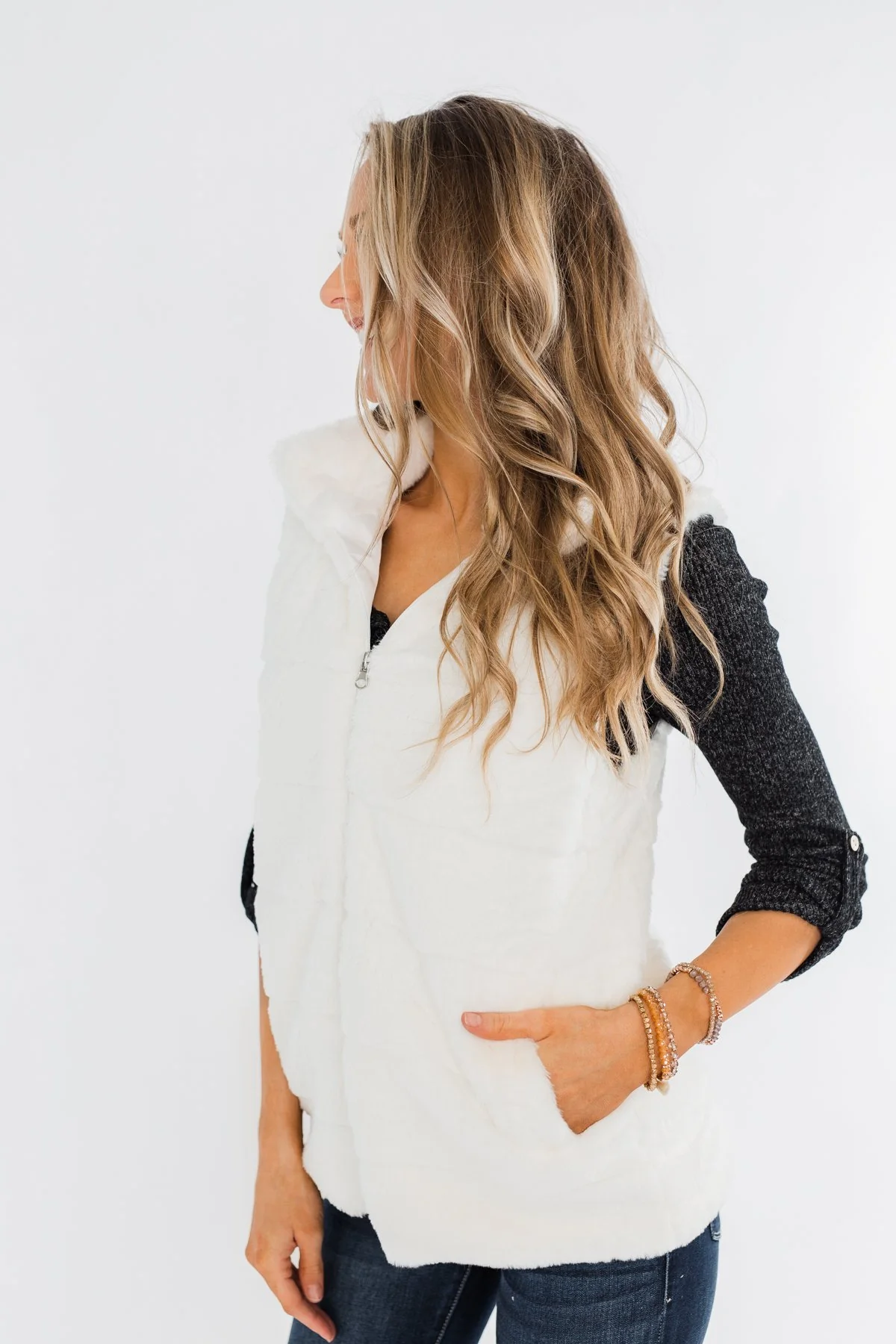 Faux Fur Zip Up Vest- Ivory - Image 13