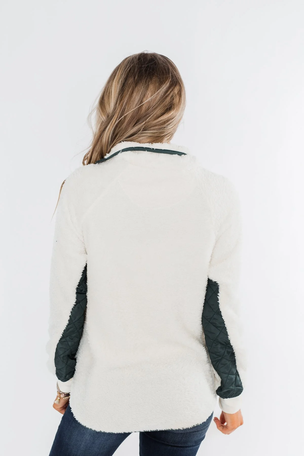 Quilted Sherpa Pullover- Ivory & Hunter Green - Image 18