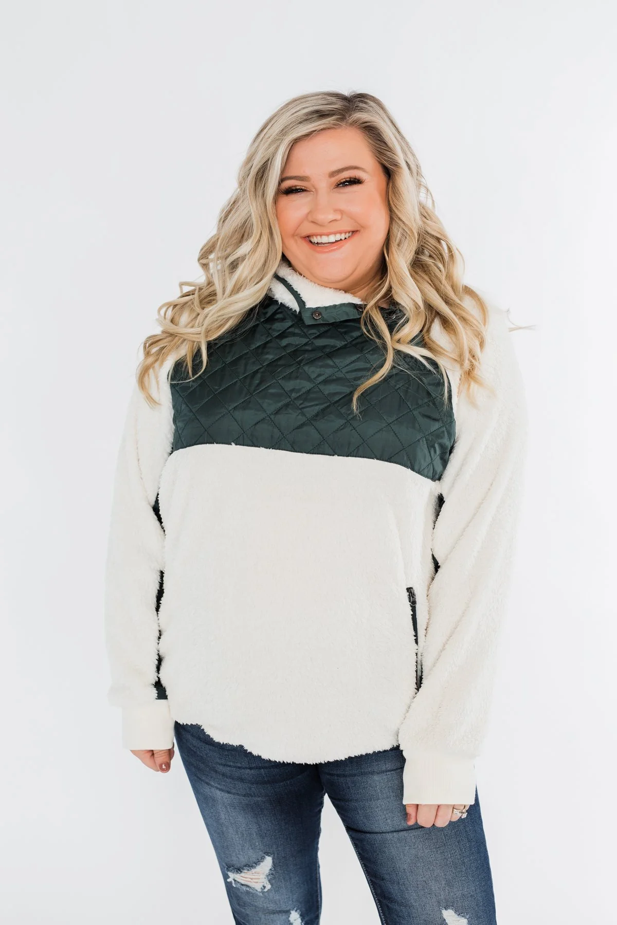 Quilted Sherpa Pullover- Ivory & Hunter Green - Image 2