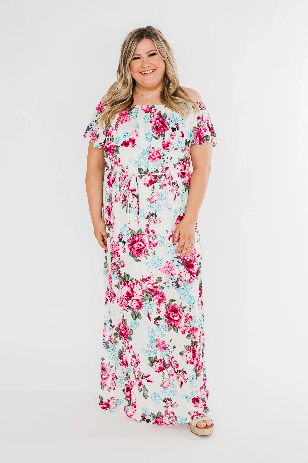 Dear Darling Off The Shoulder Floral Maxi Dress- White - Image 4