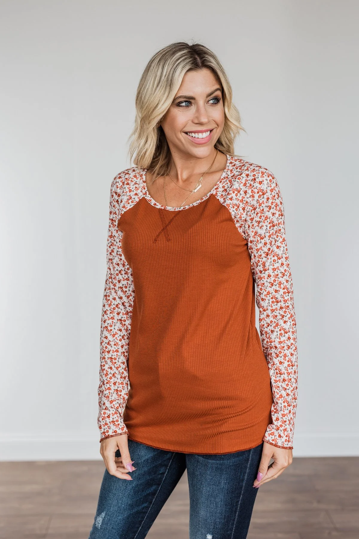 Decadent Life Floral Ribbed Knit Top- Rust - Image 10
