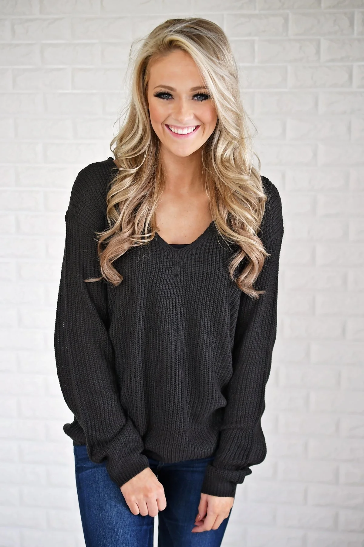 Deep Charcoal Knit Back Lace Sweater - Image 3