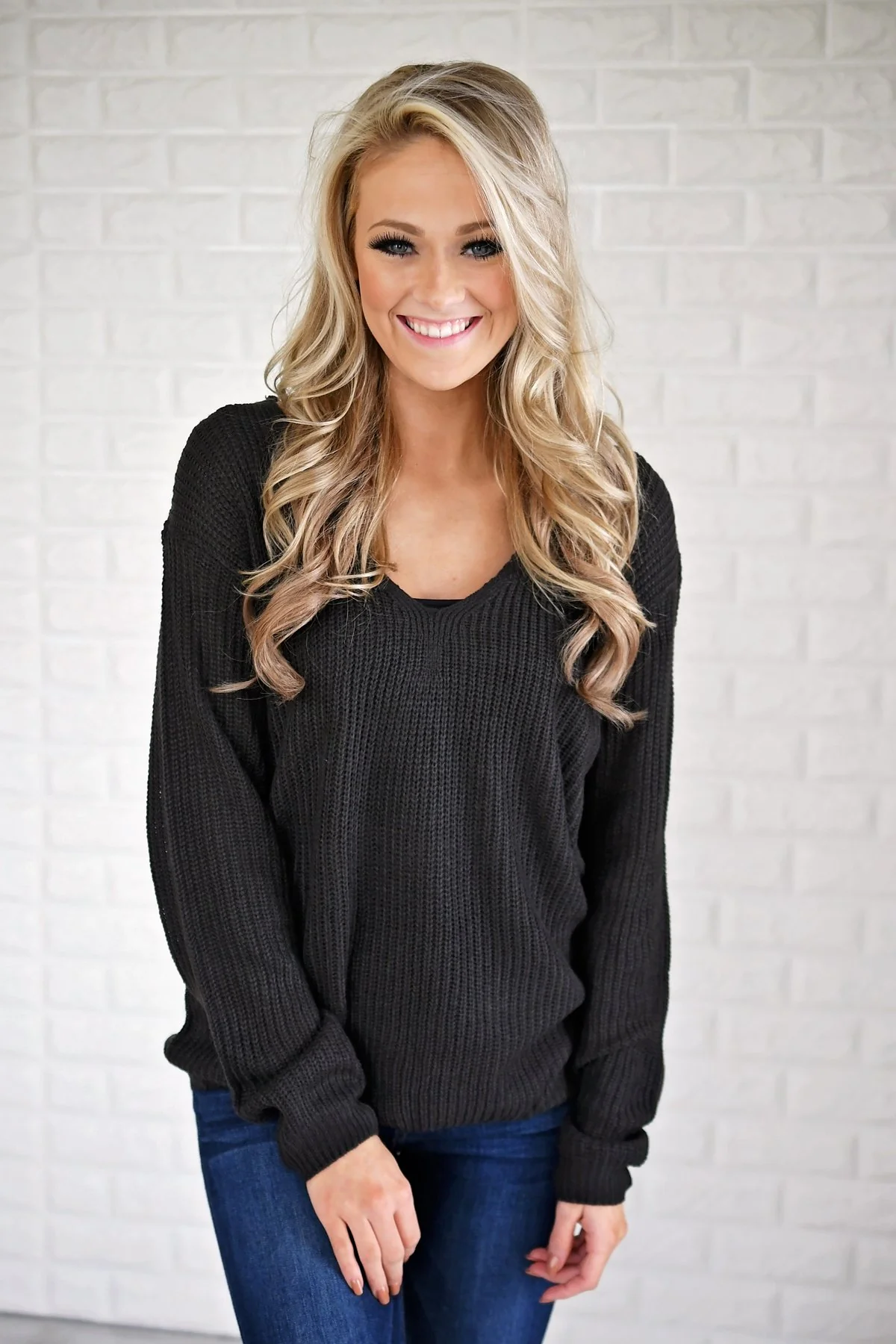 Deep Charcoal Knit Back Lace Sweater - Image 5