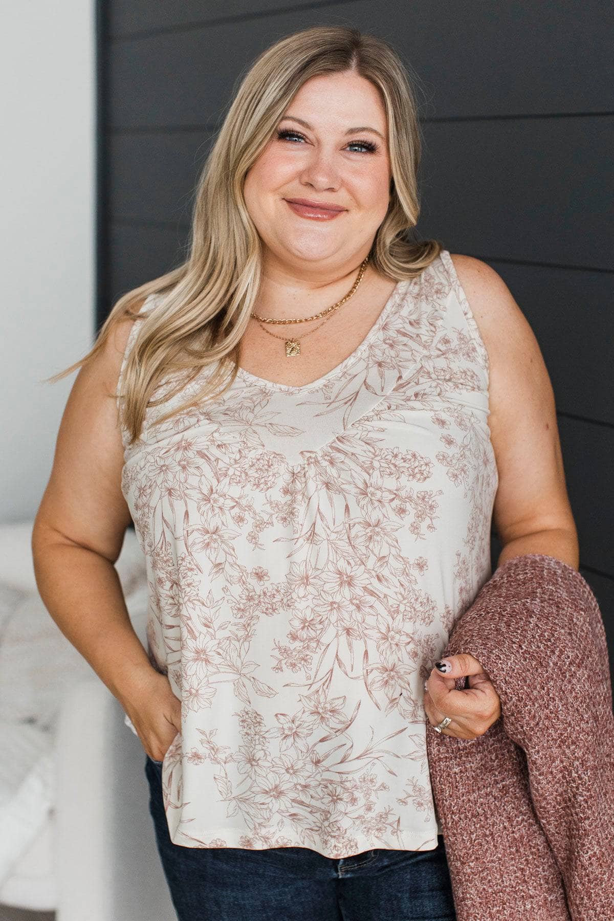 Deep Love Floral V-Neck Tank Top- Ivory & Dusty Mauve