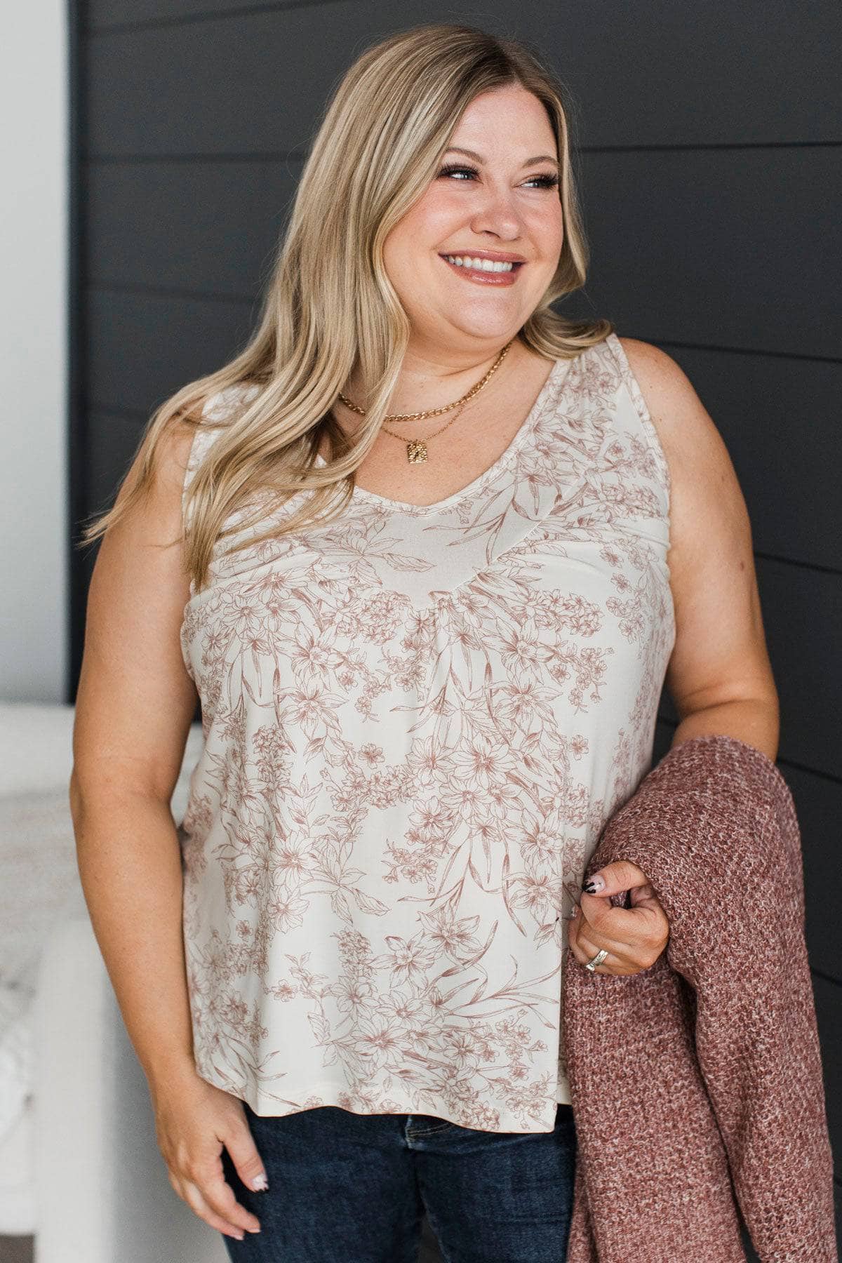 Deep Love Floral V-Neck Tank Top- Ivory & Dusty Mauve - Image 3