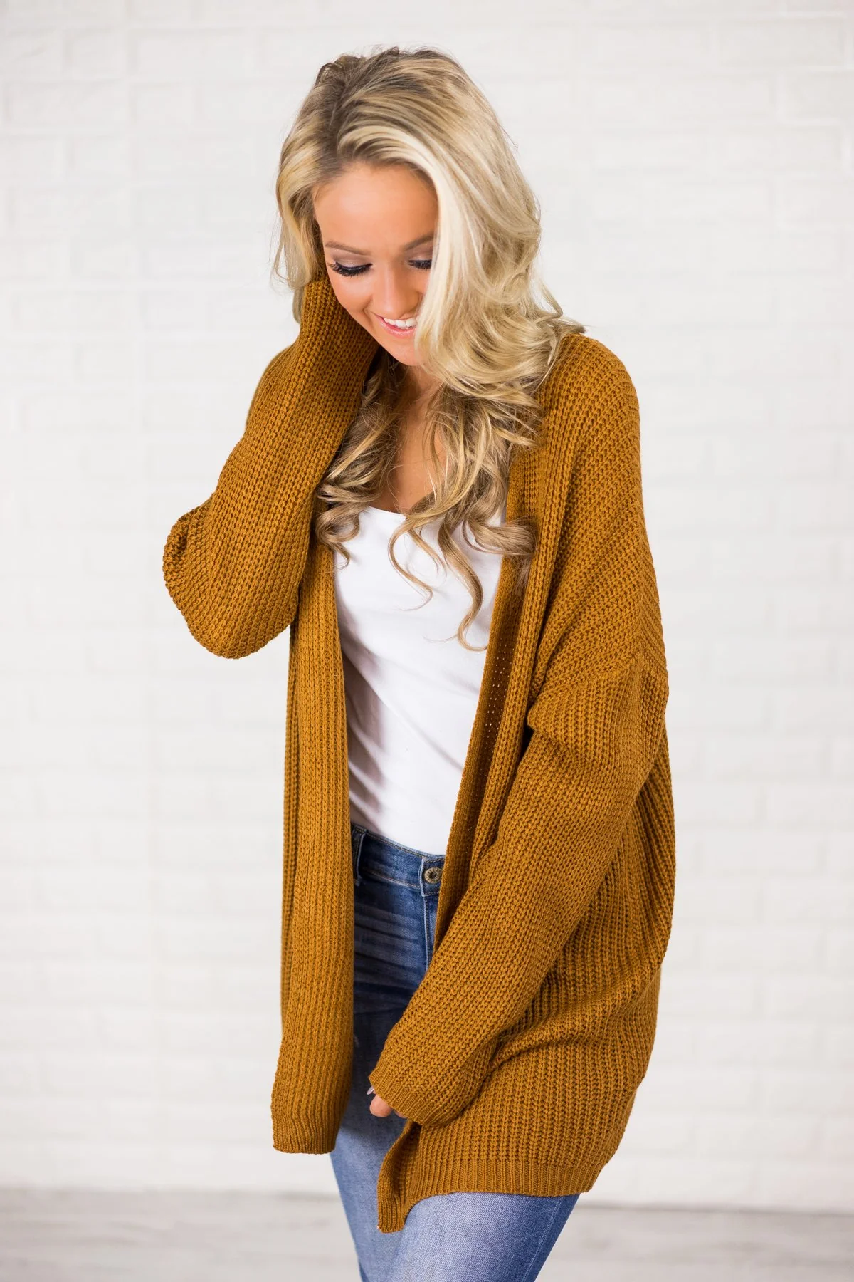 Deep Mustard Knit Lace Up Cardigan - Image 3
