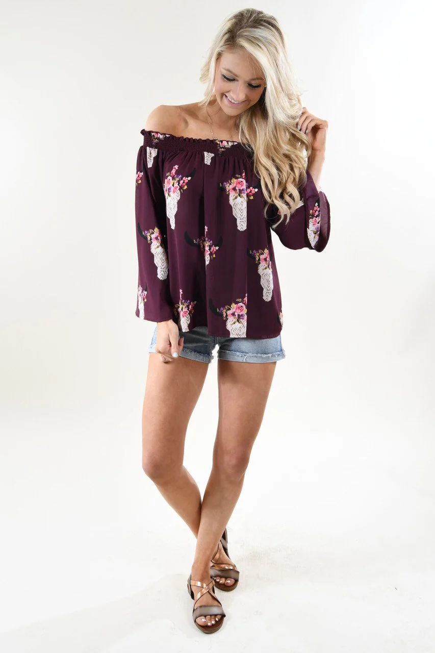 Deep Purple Floral Skull Off the Shoulder Top - Image 3