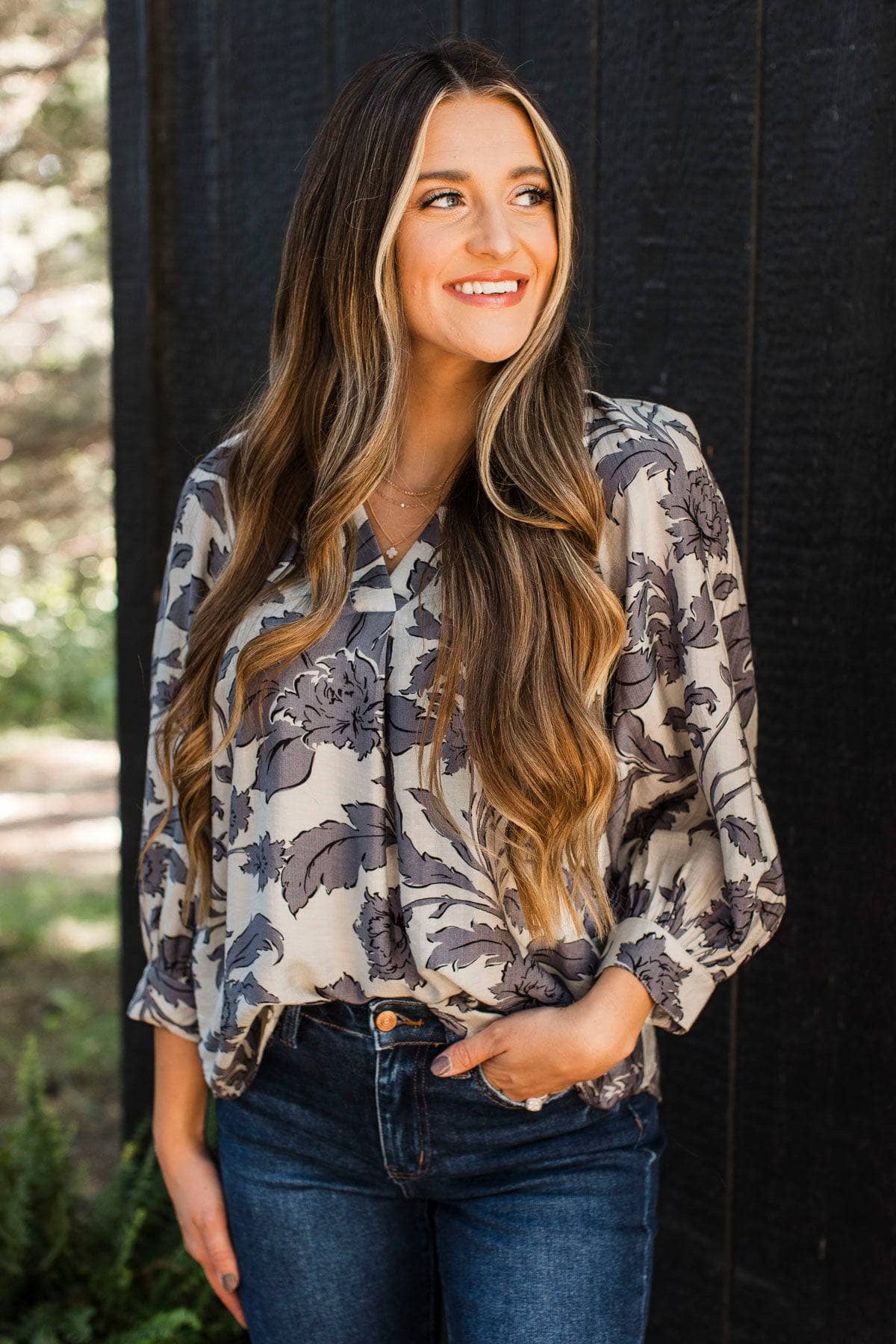 Definite Beauty Floral Blouse- Off-White & Slate Grey - Image 3