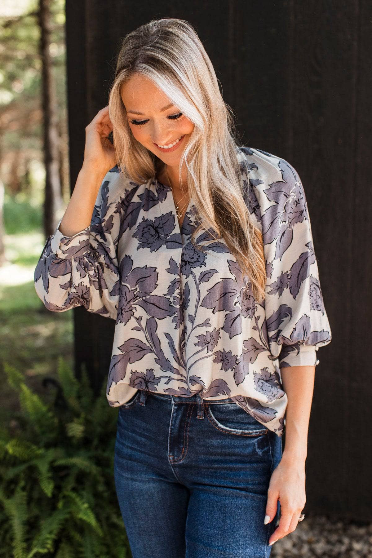 Definite Beauty Floral Blouse- Off-White & Slate Grey - Image 4