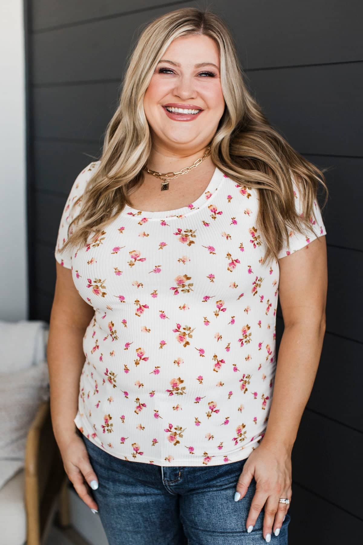 Definitely Adored Ruched Floral Top- Ivory & Pink