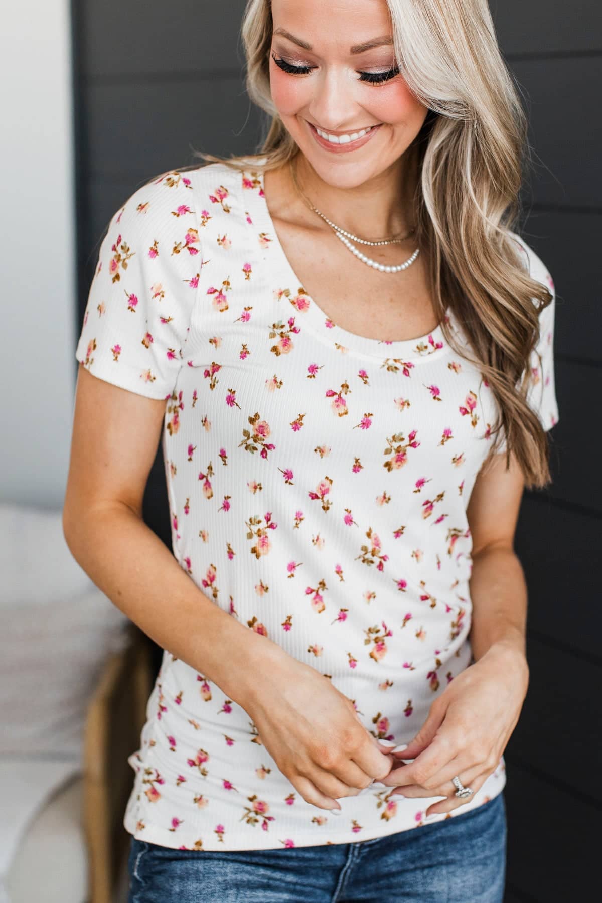 Definitely Adored Ruched Floral Top- Ivory & Pink - Image 2