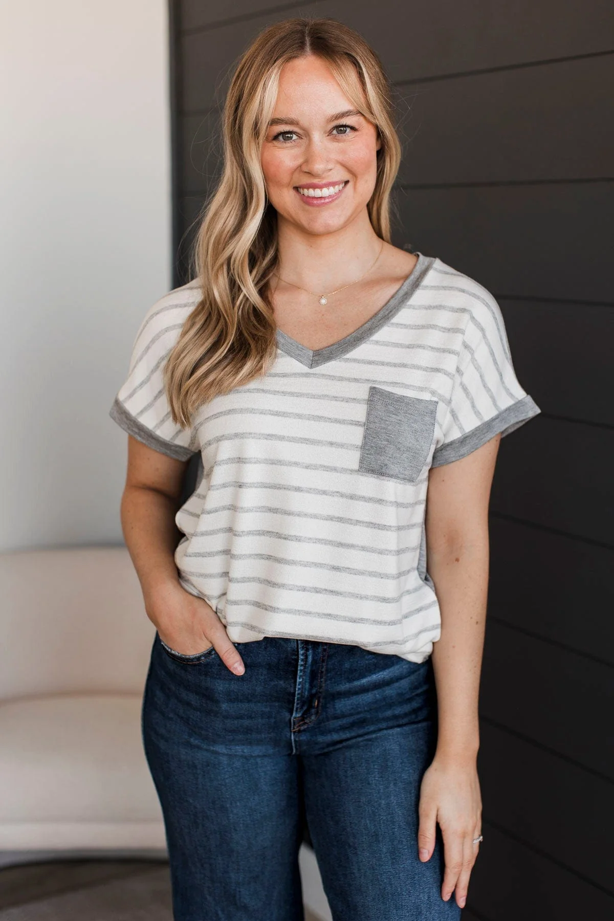 Definition Of Beautiful Color Block Top- Ivory & Grey - Image 4