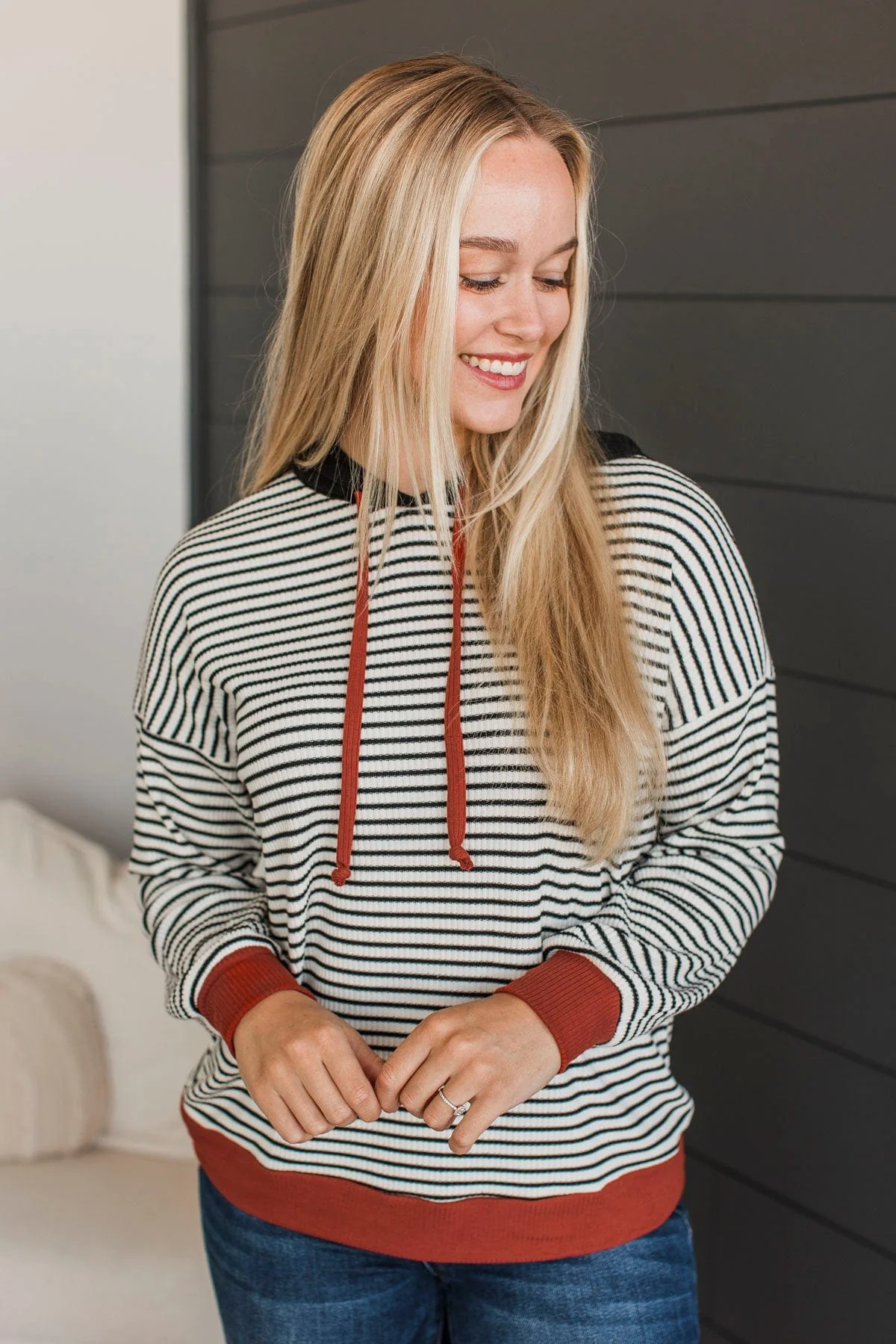 Defying Odds Hooded Pullover Top- Ivory, Black, & Rust