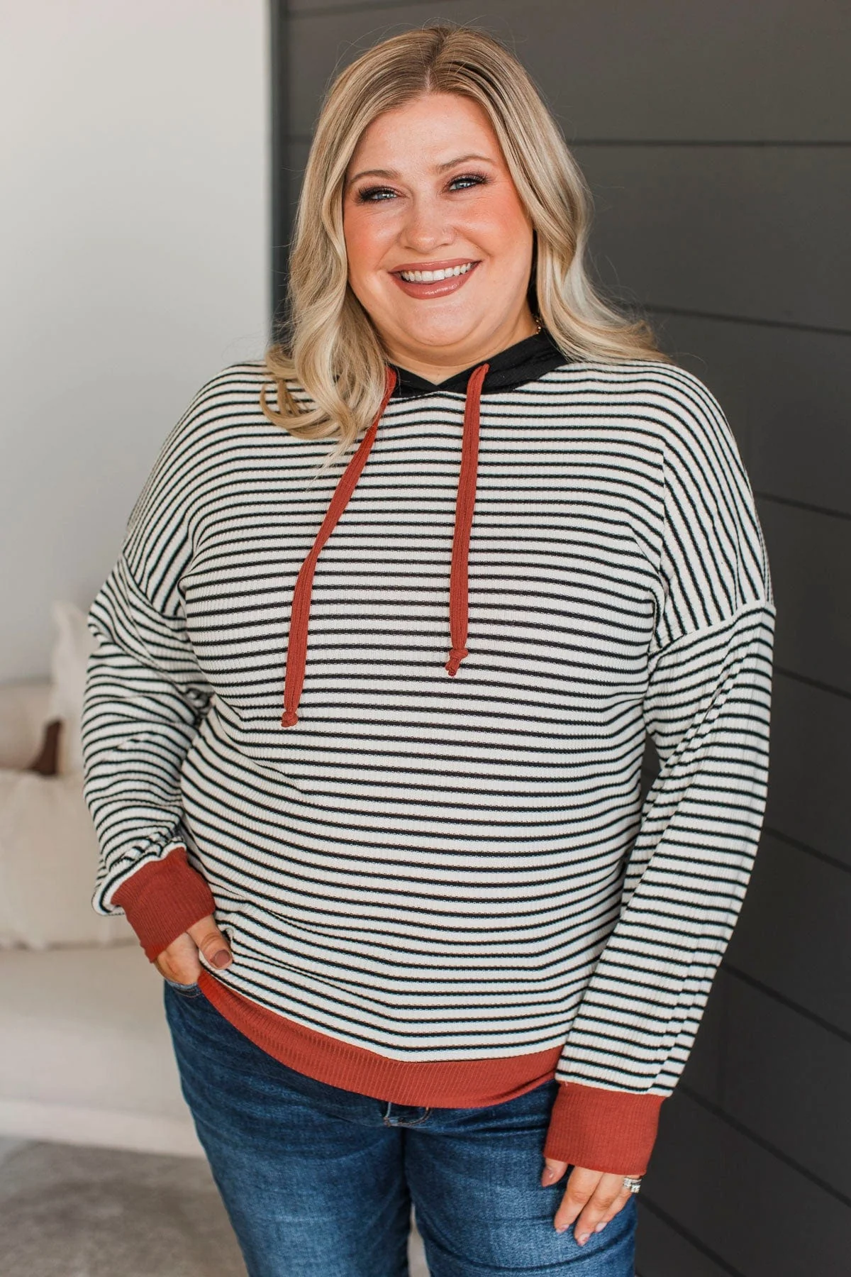 Defying Odds Hooded Pullover Top- Ivory, Black, & Rust - Image 2
