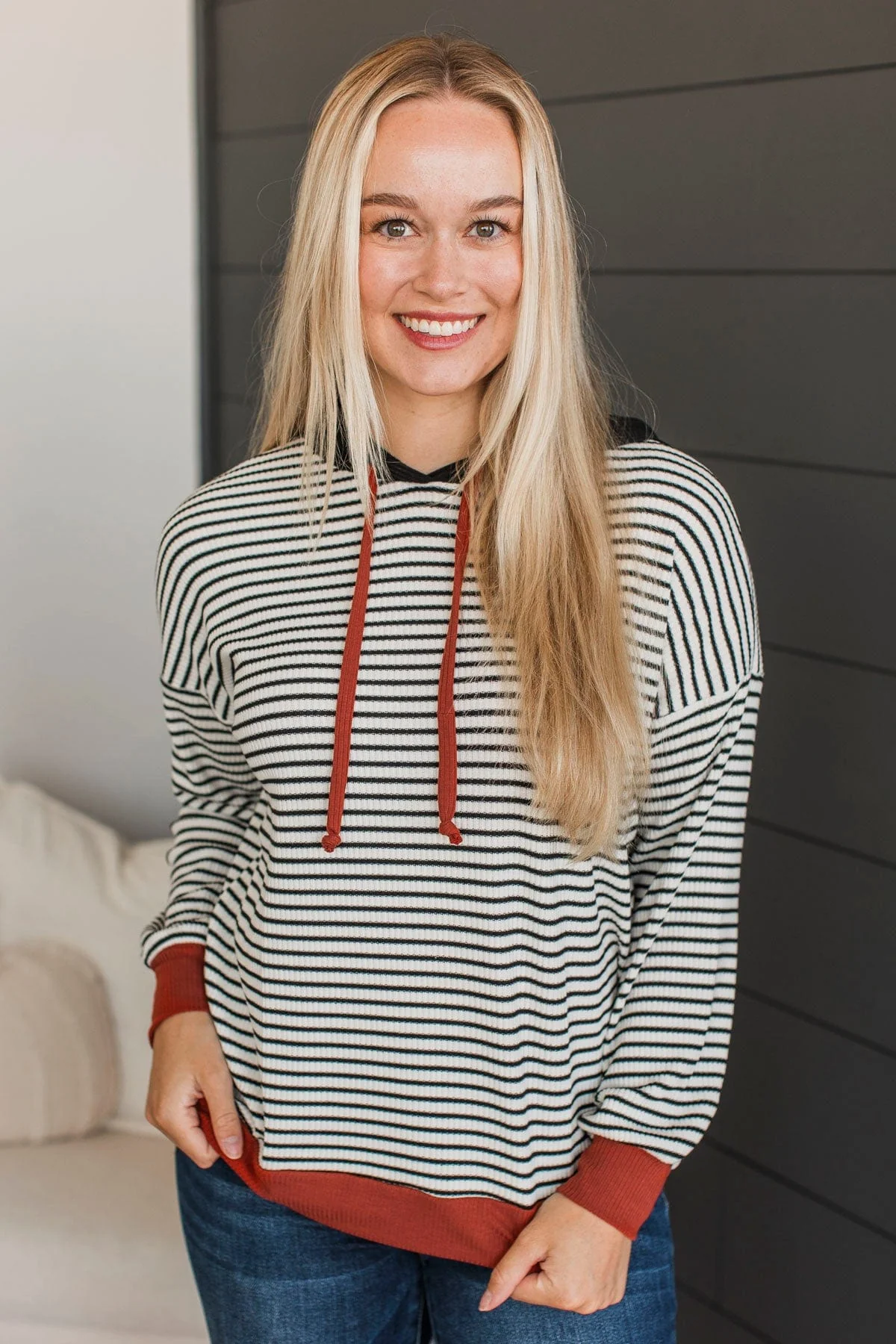 Defying Odds Hooded Pullover Top- Ivory, Black, & Rust - Image 3
