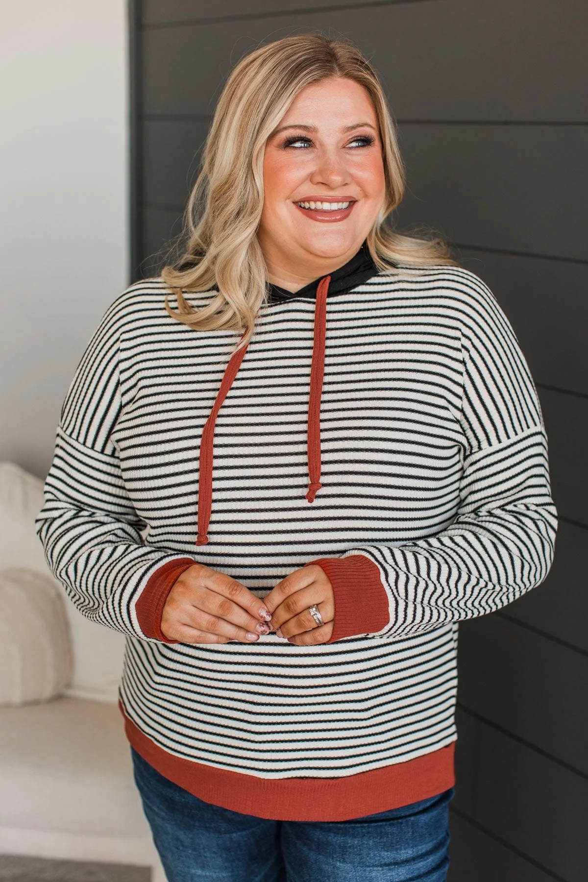 Defying Odds Hooded Pullover Top- Ivory, Black, & Rust - Image 4