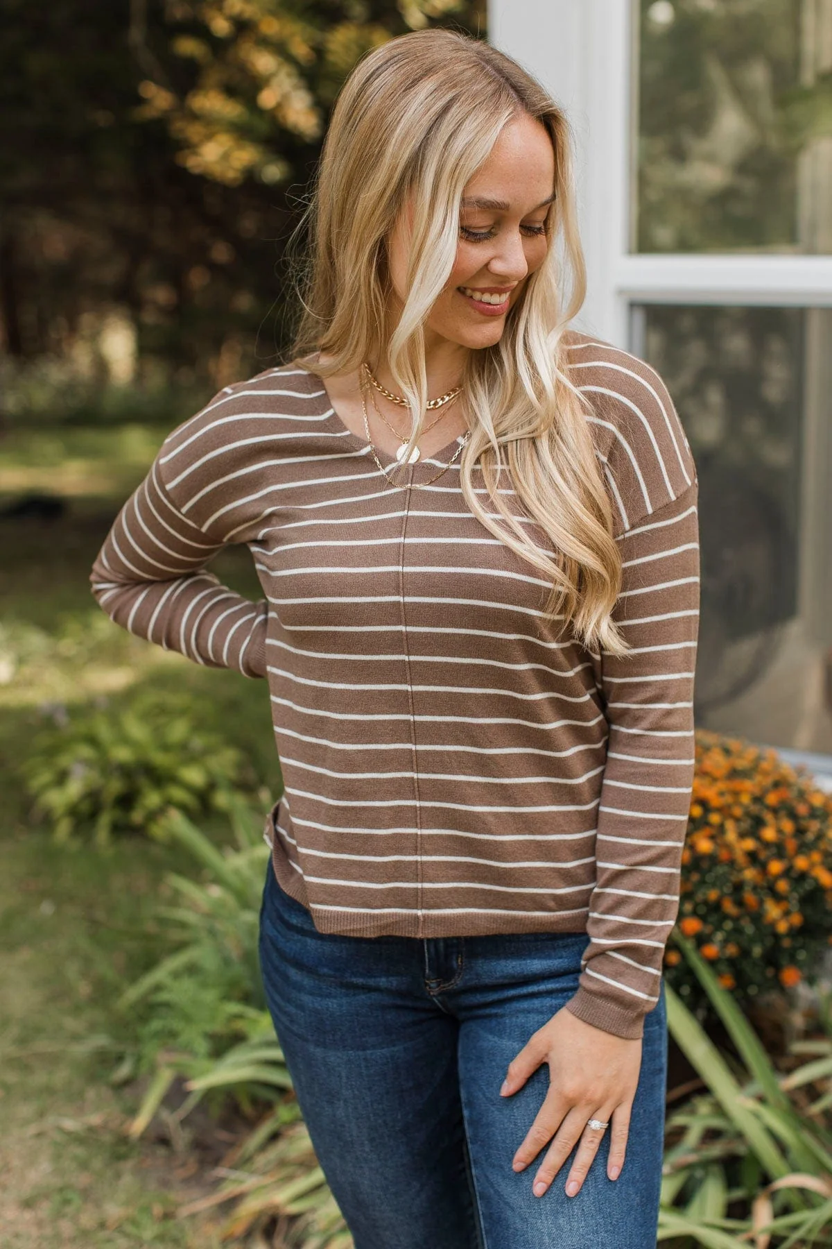 Delighted By This Striped Sweater- Mocha