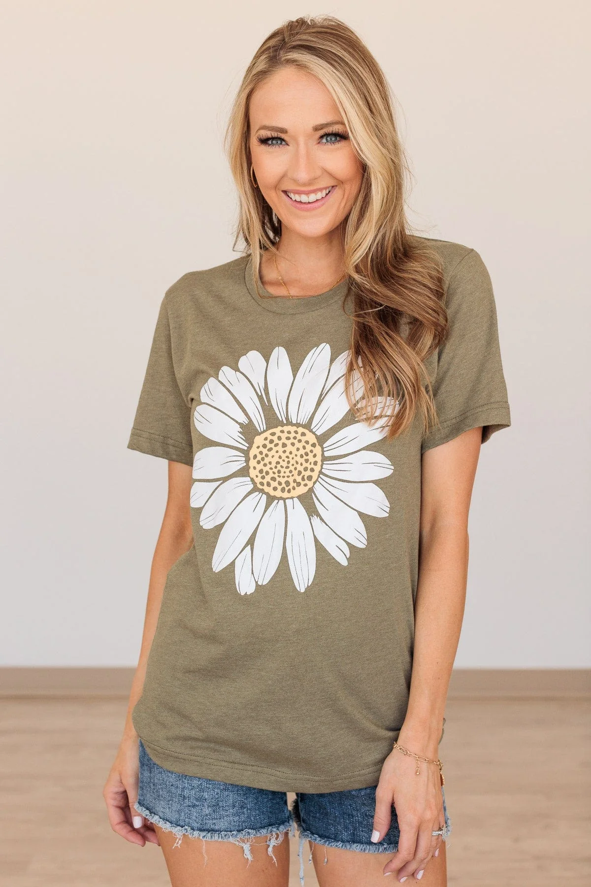 Delightful Daisies Flower Graphic Tee- Olive - Image 2