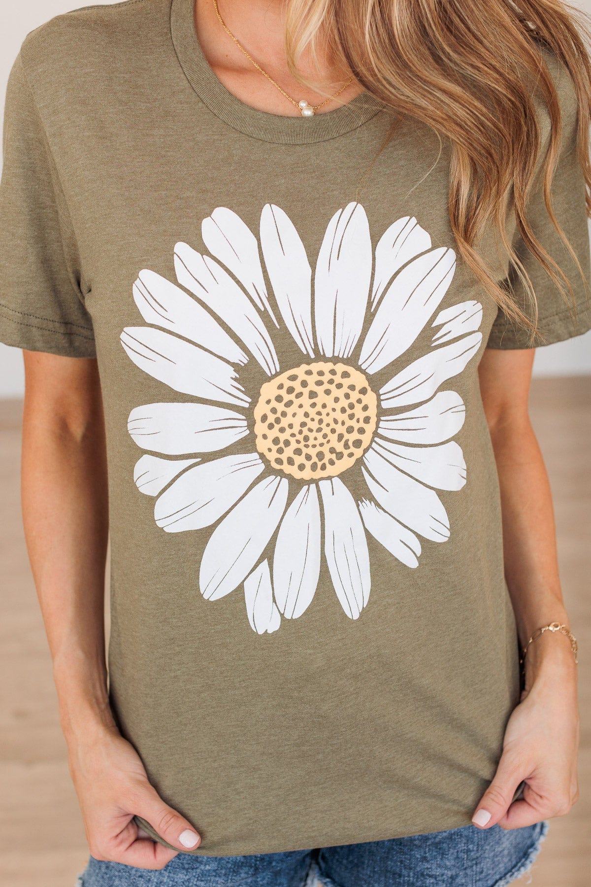 Delightful Daisies Flower Graphic Tee- Olive - Image 3