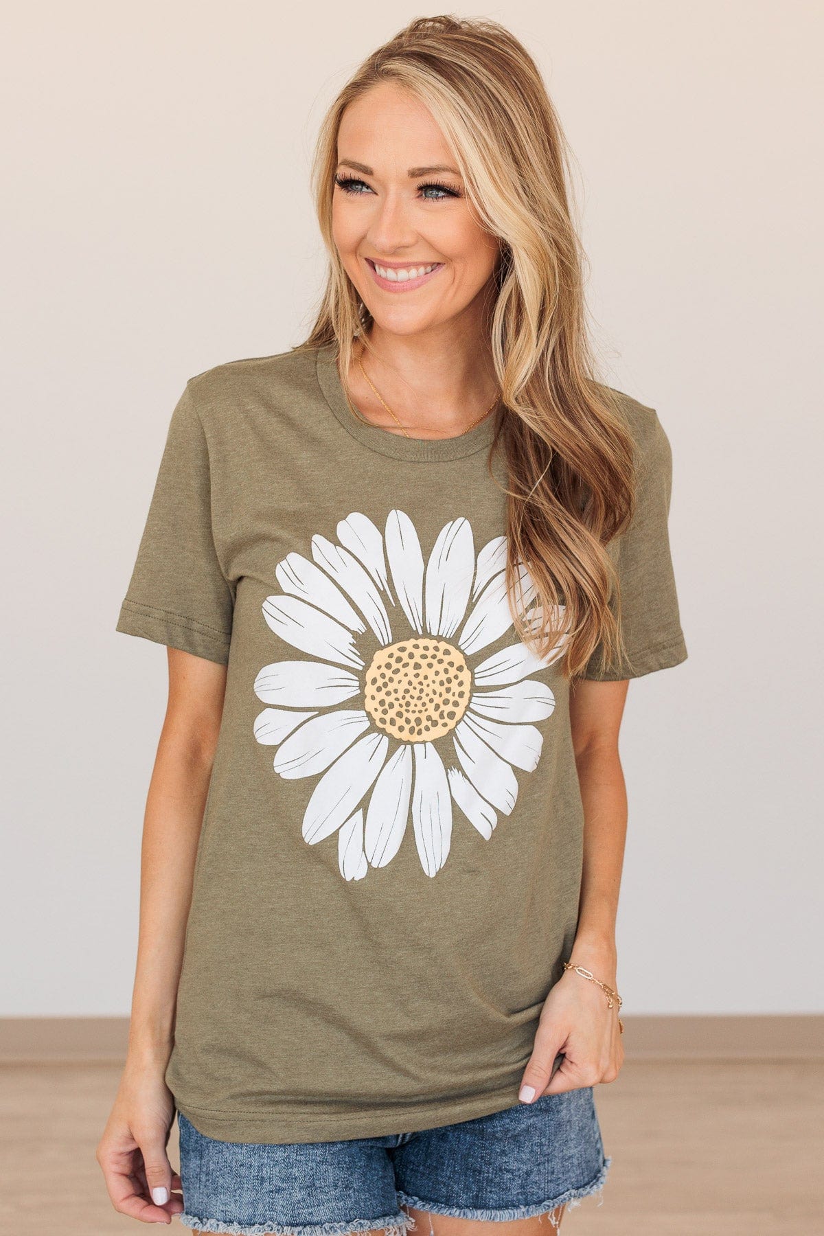 Delightful Daisies Flower Graphic Tee- Olive - Image 5