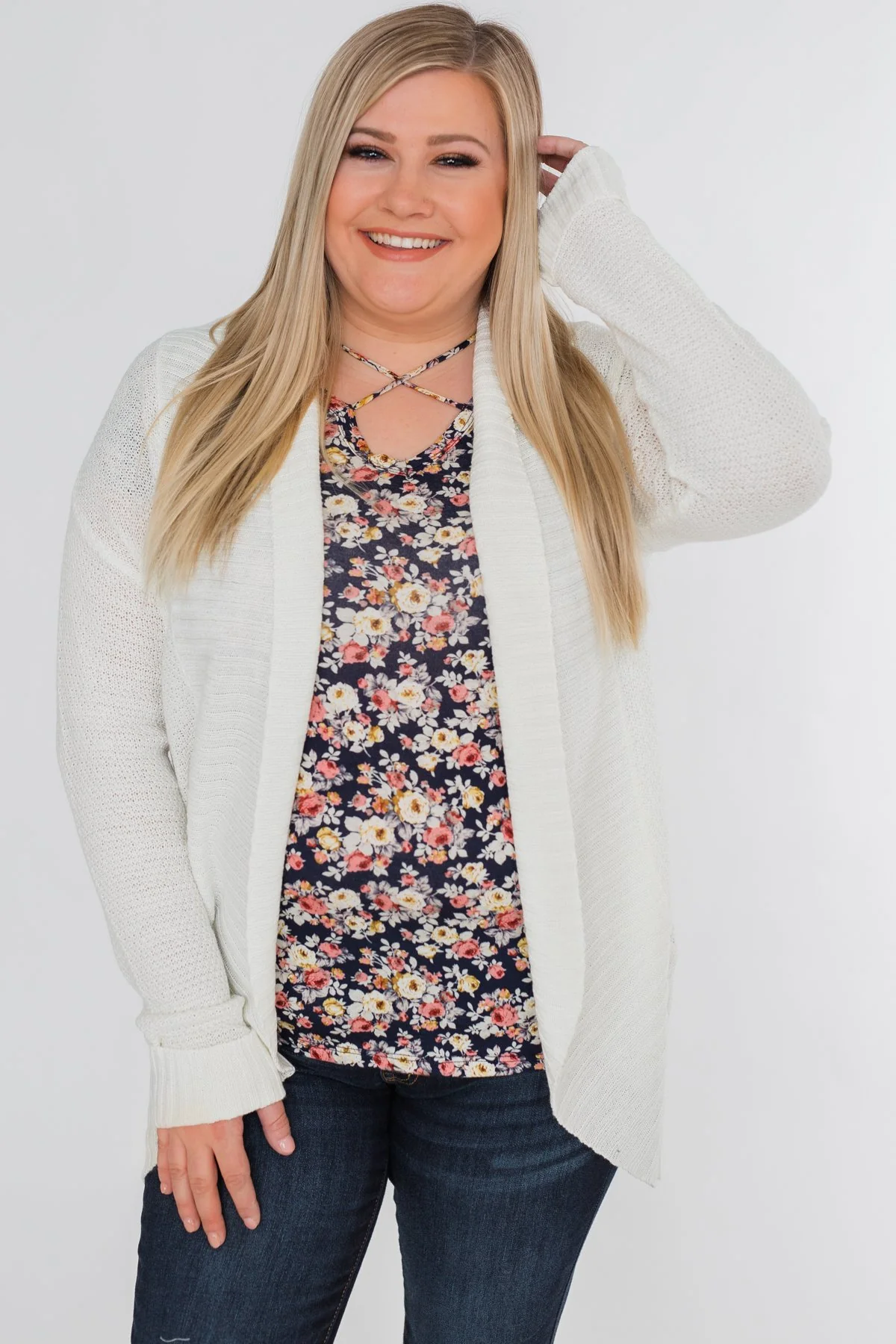 Delightful Days Knitted Drape Cardigan- Ivory - Image 2