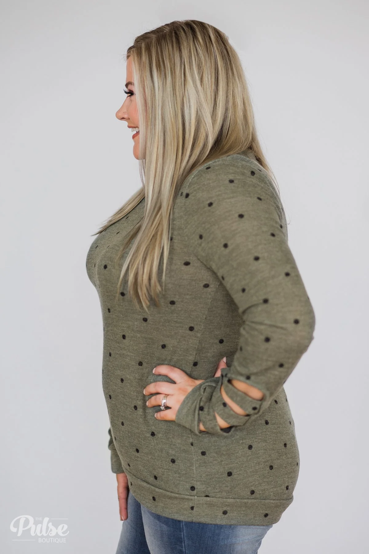 Delightful Details Polka Dot Top- Light Olive - Image 10