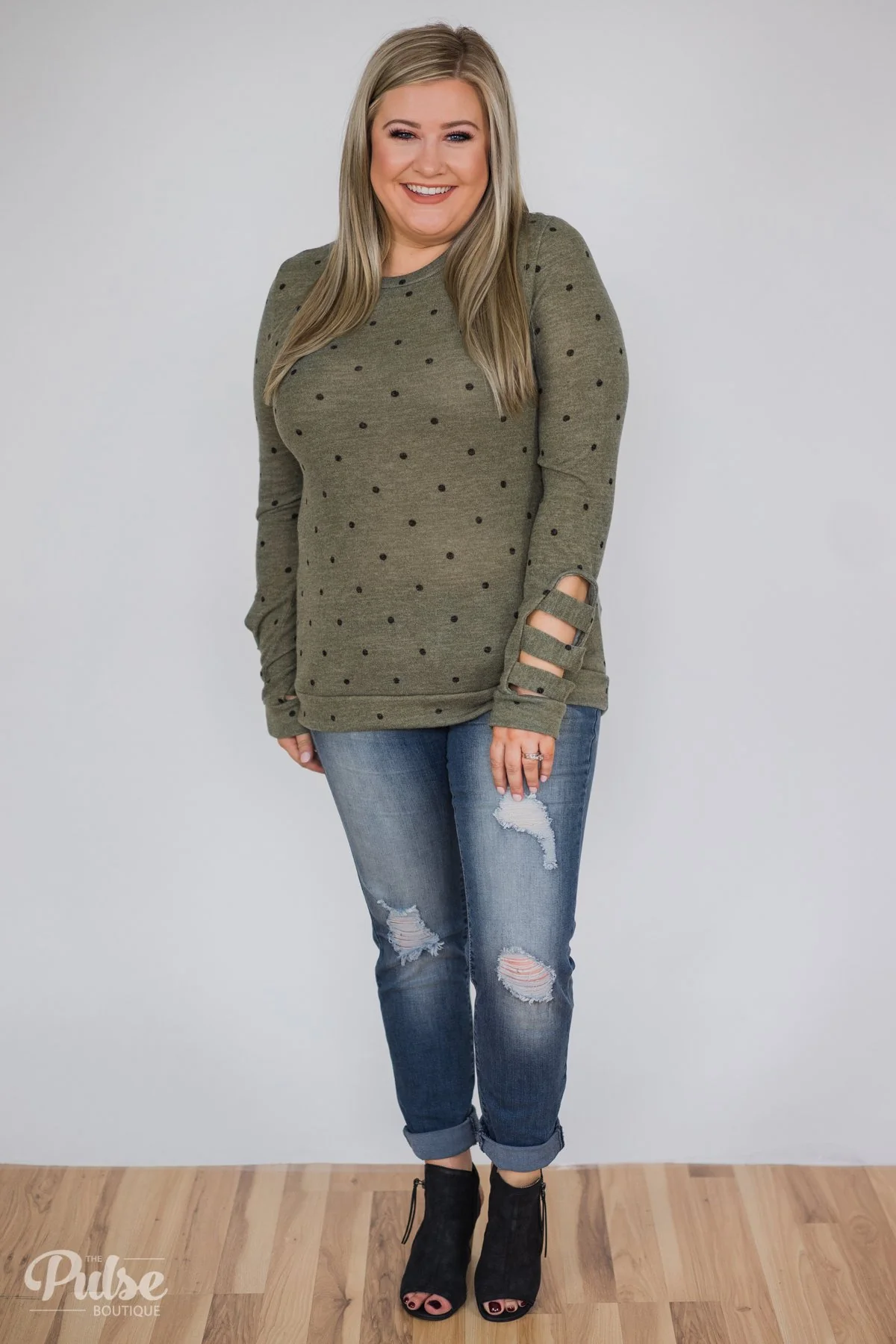 Delightful Details Polka Dot Top- Light Olive - Image 3