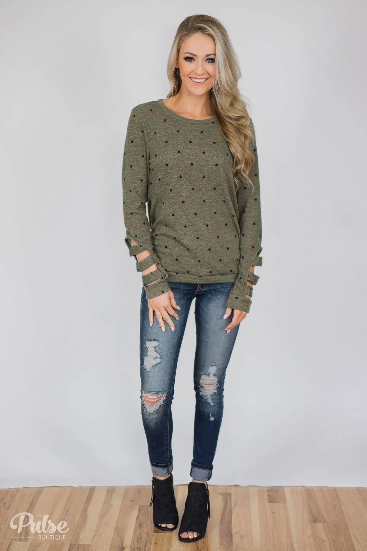Delightful Details Polka Dot Top- Light Olive - Image 4