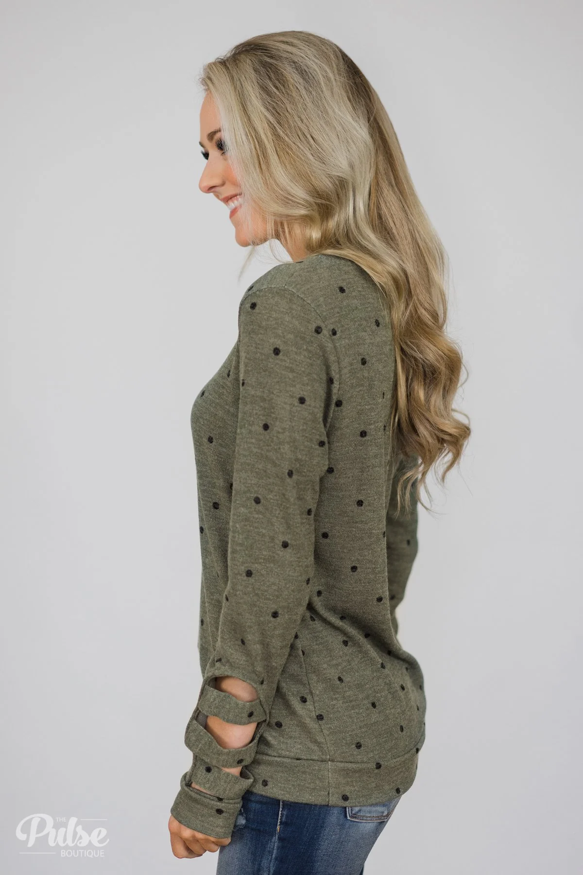 Delightful Details Polka Dot Top- Light Olive - Image 6