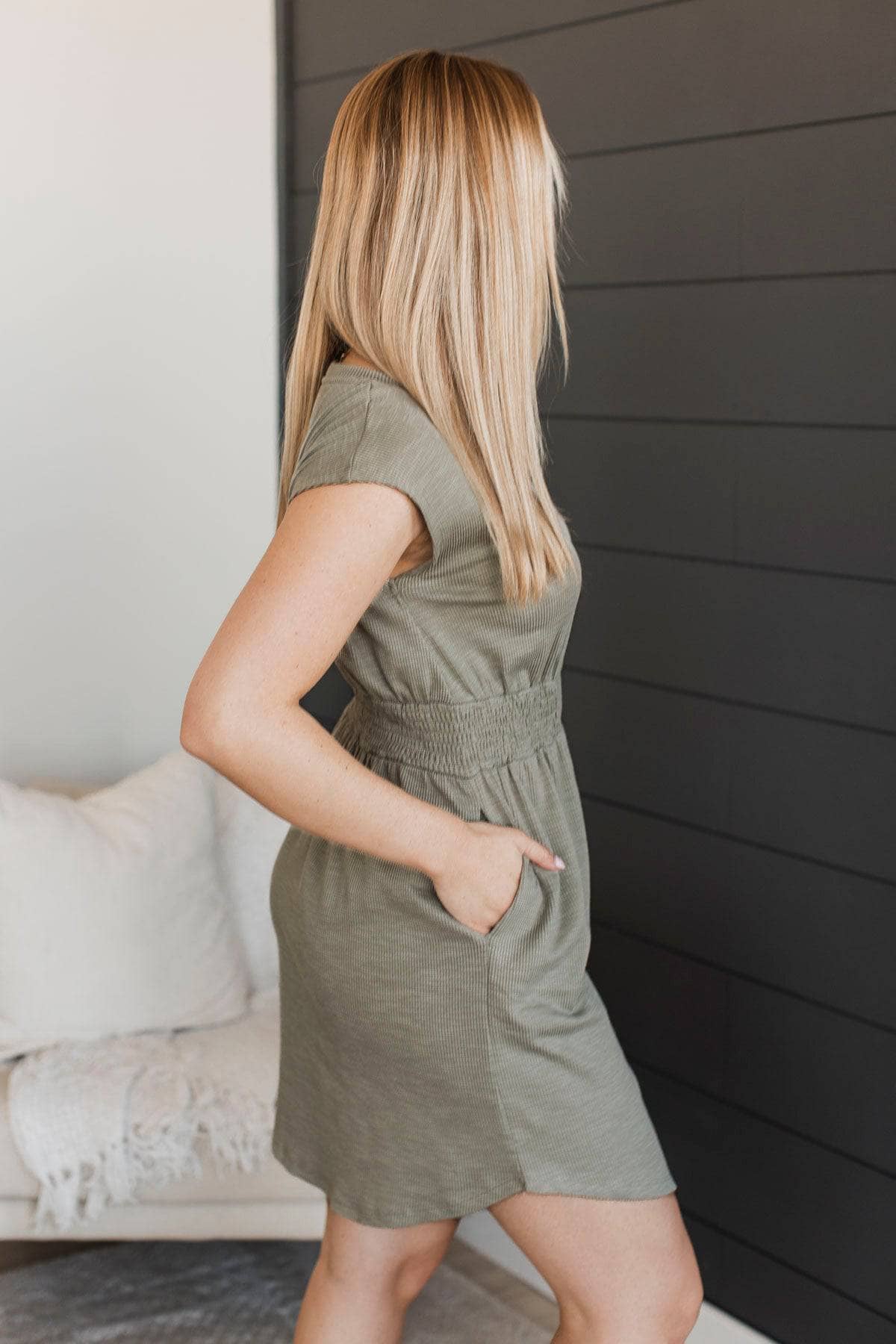 Delightful Encounters Ribbed Mini Dress- Light Olive - Image 5