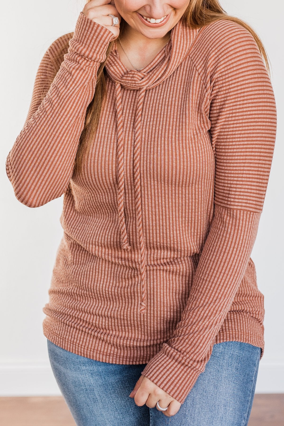 Delightfully Divine Cowl Neck Top- Rust - Image 3