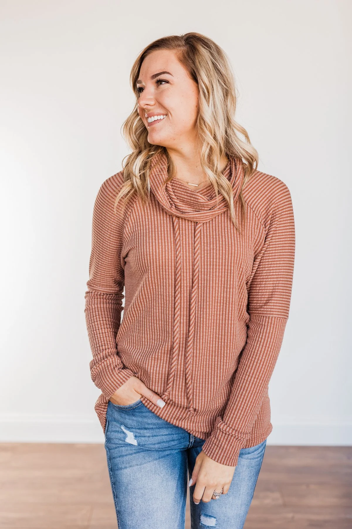 Delightfully Divine Cowl Neck Top- Rust - Image 4