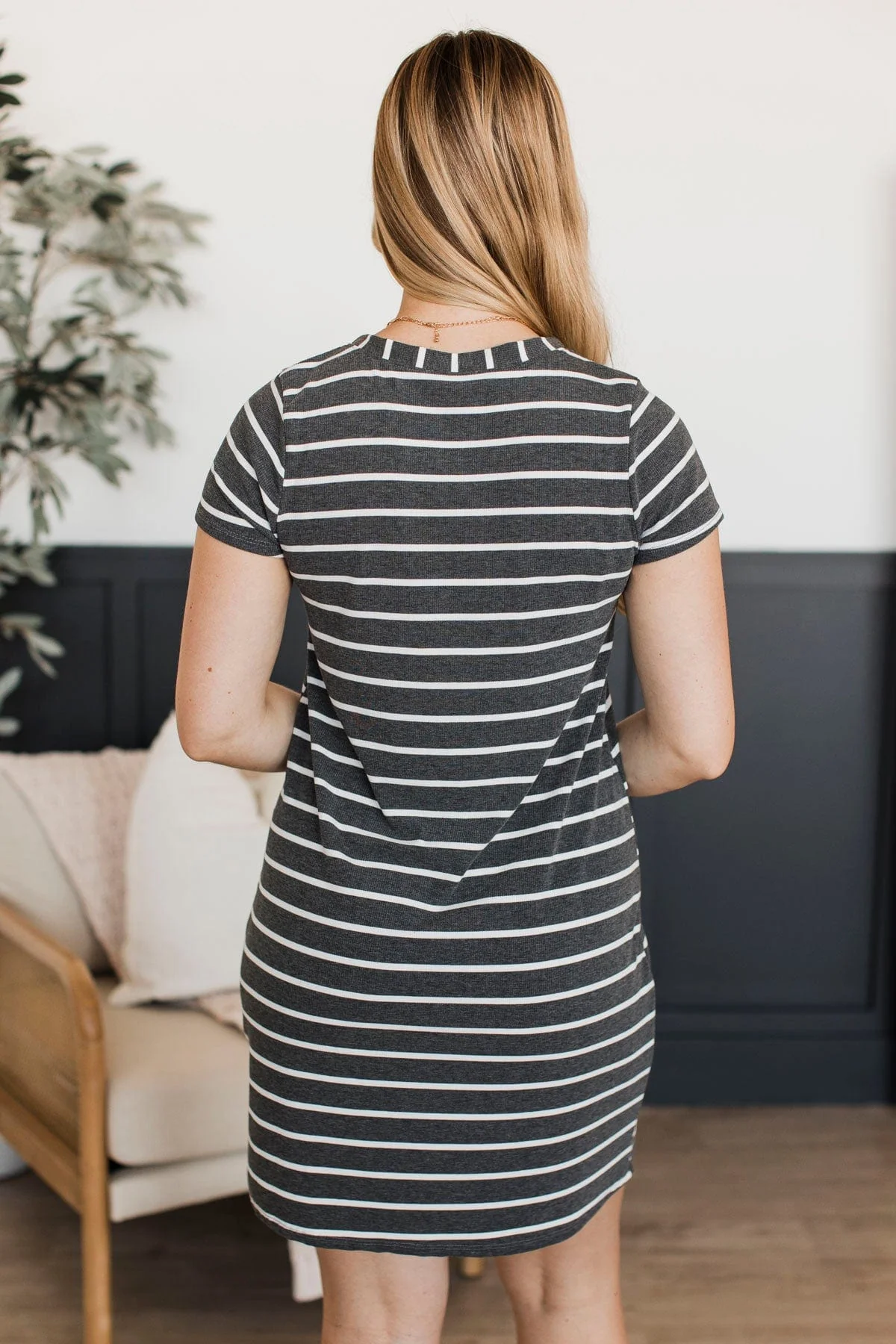 Delightfully Sweet Striped Dress- Charcoal & White - Image 7