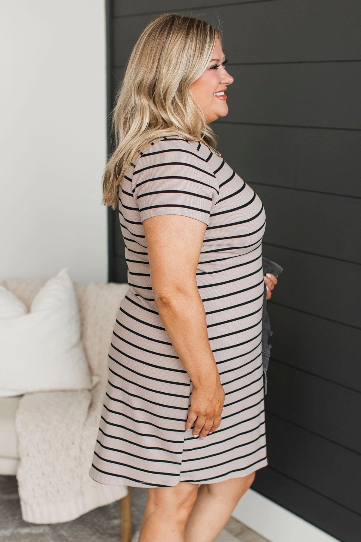 Delightfully Sweet Striped Dress- Light Mocha - Image 5
