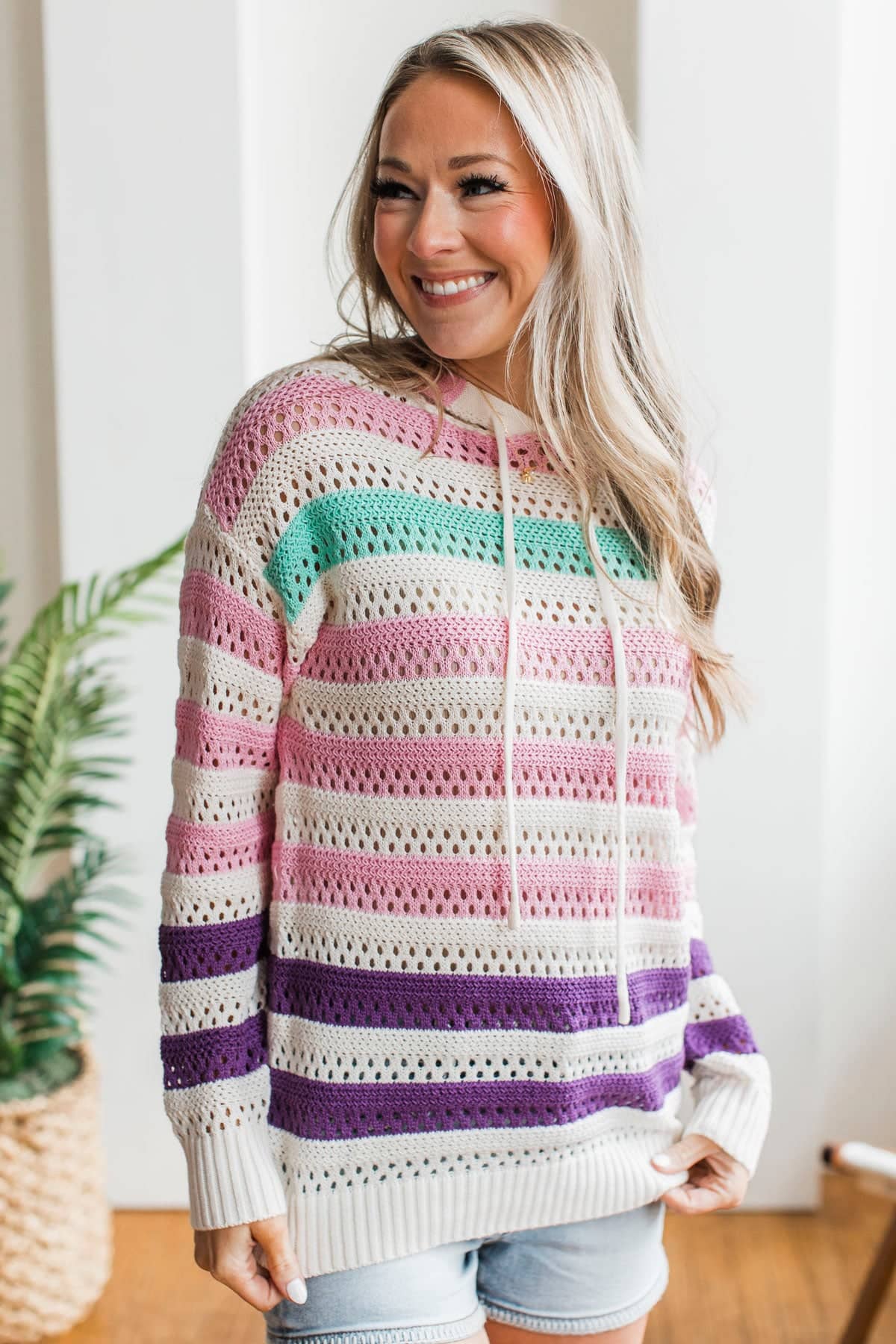 Depending On You Striped Crochet Knit Hoodie- Ivory, Pink, & Mint - Image 6