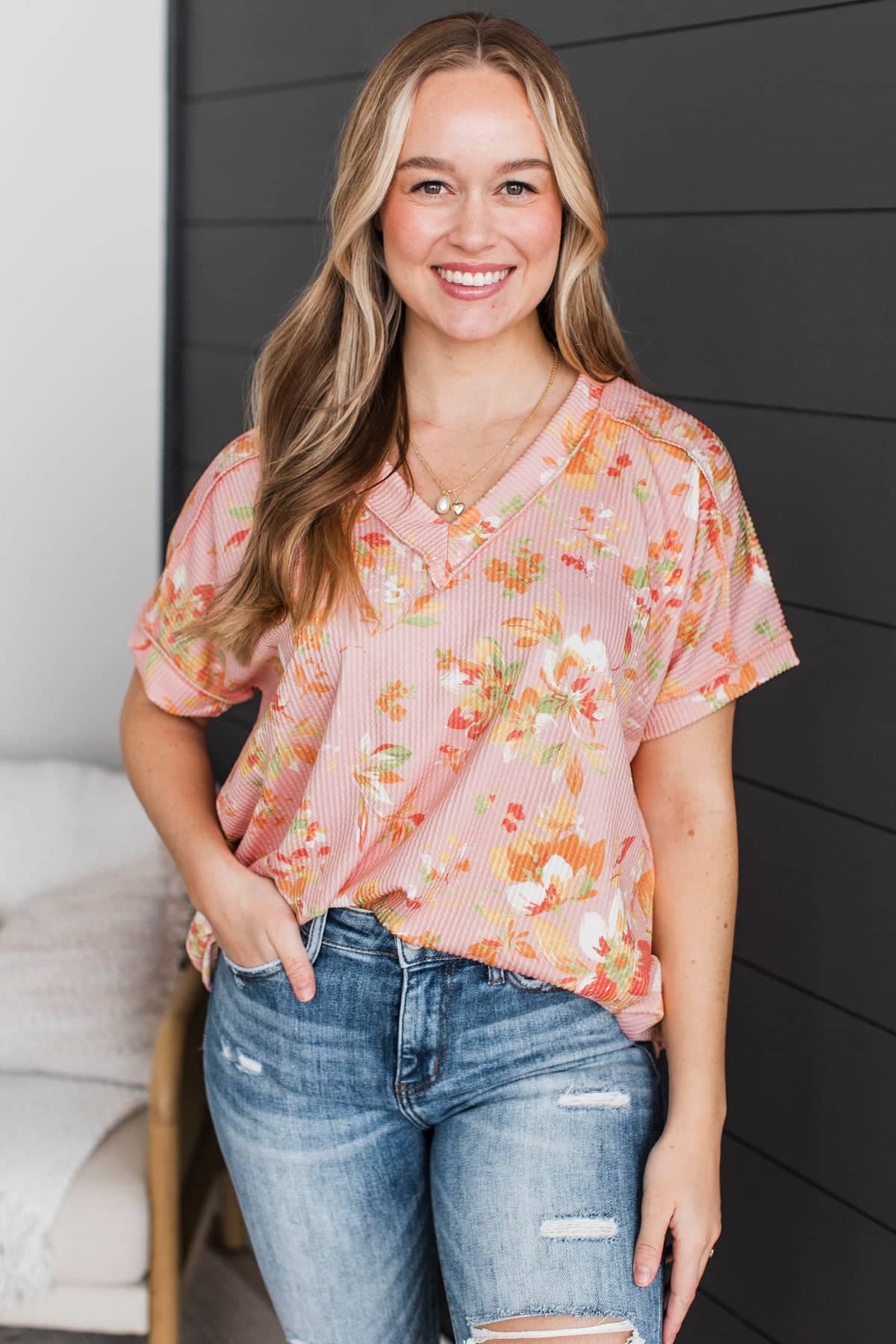 Desired Love V-Neck Ribbed Floral Top- Light Coral - Image 3