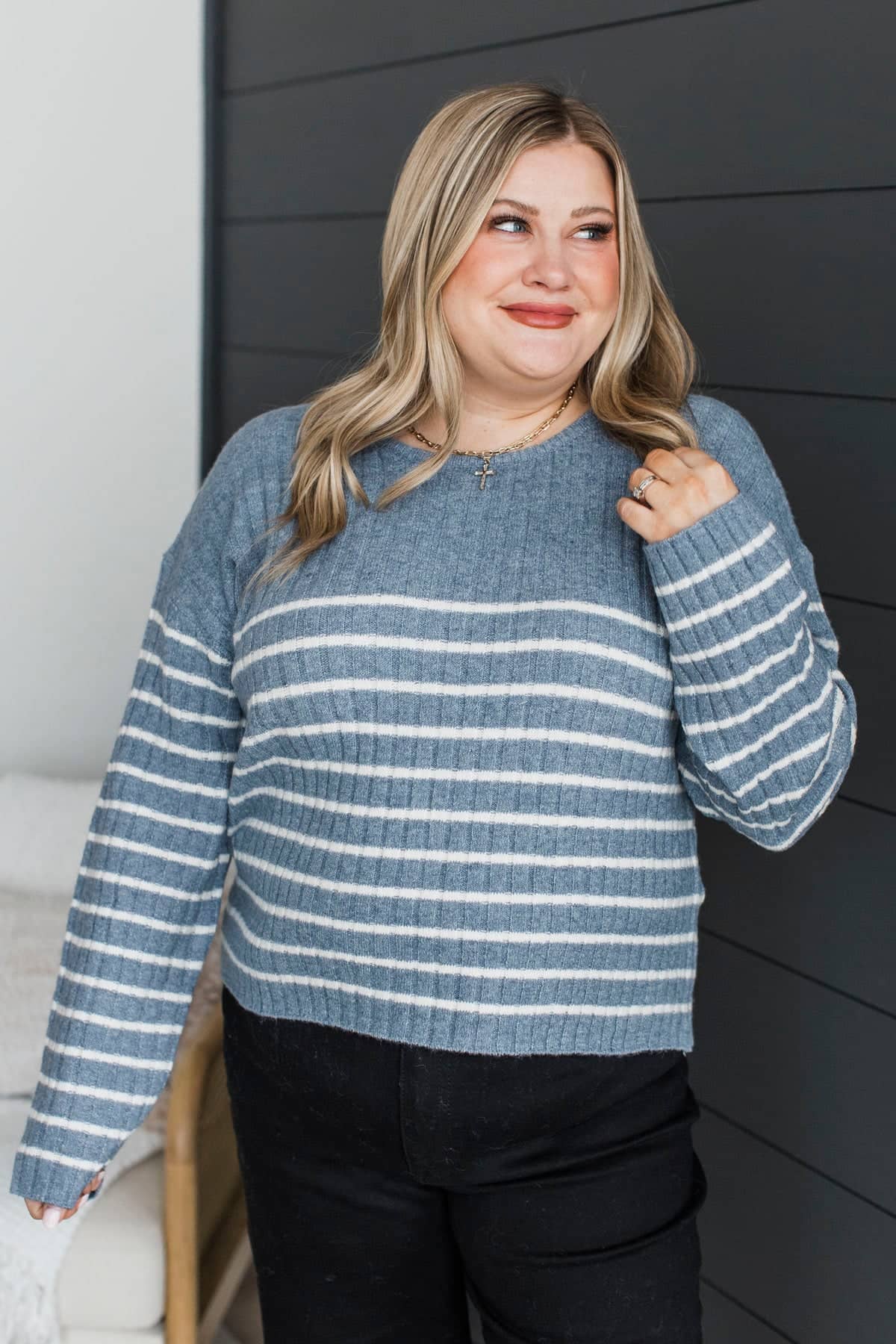 Desiring Love Striped Knit Sweater- Denim Blue - Image 3